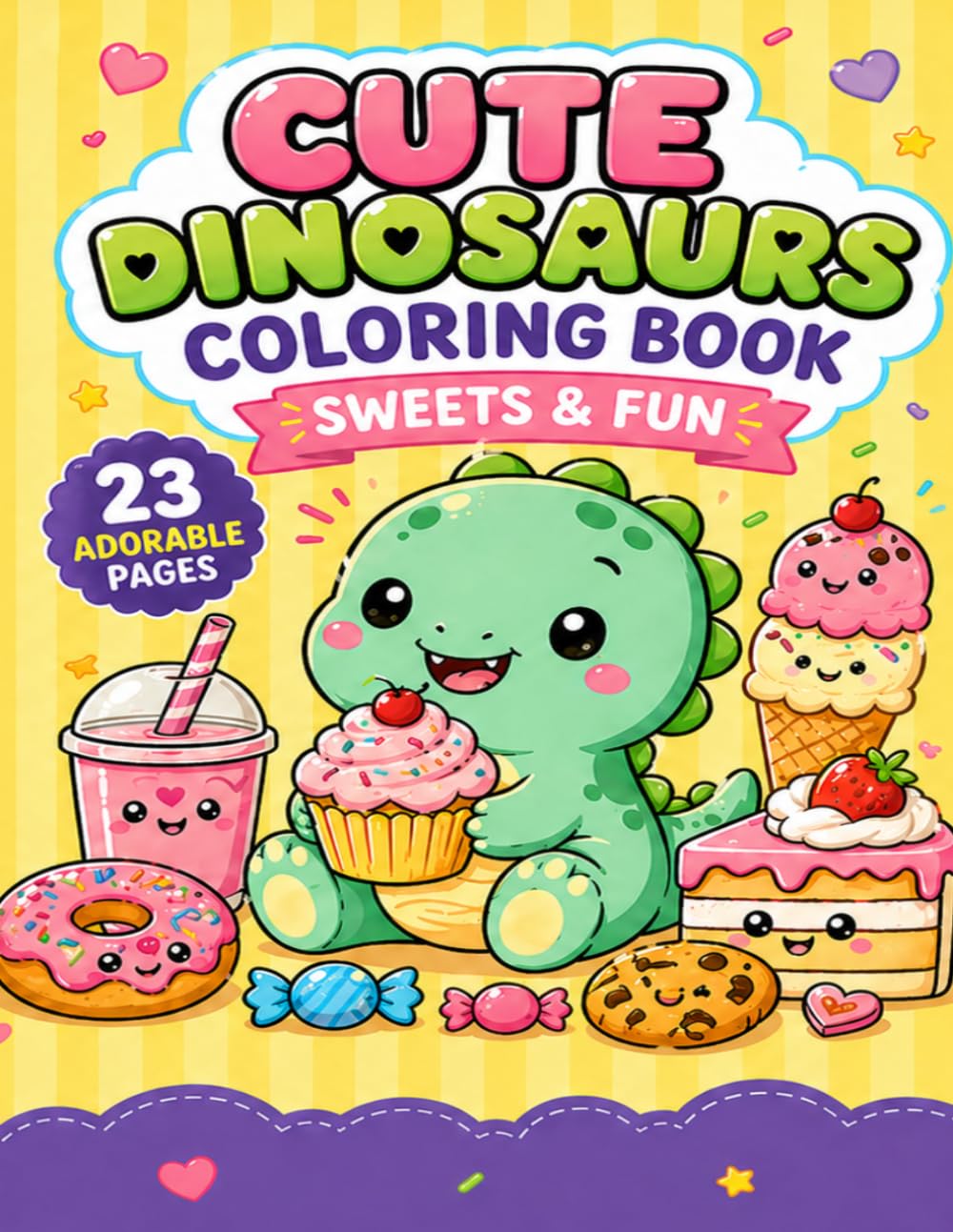 Cute Dinosaur Coloring Book: Fun & Easy Dino Coloring Pages with Sweets, Treats and Relaxing Designs for Kids, Teens and Adults