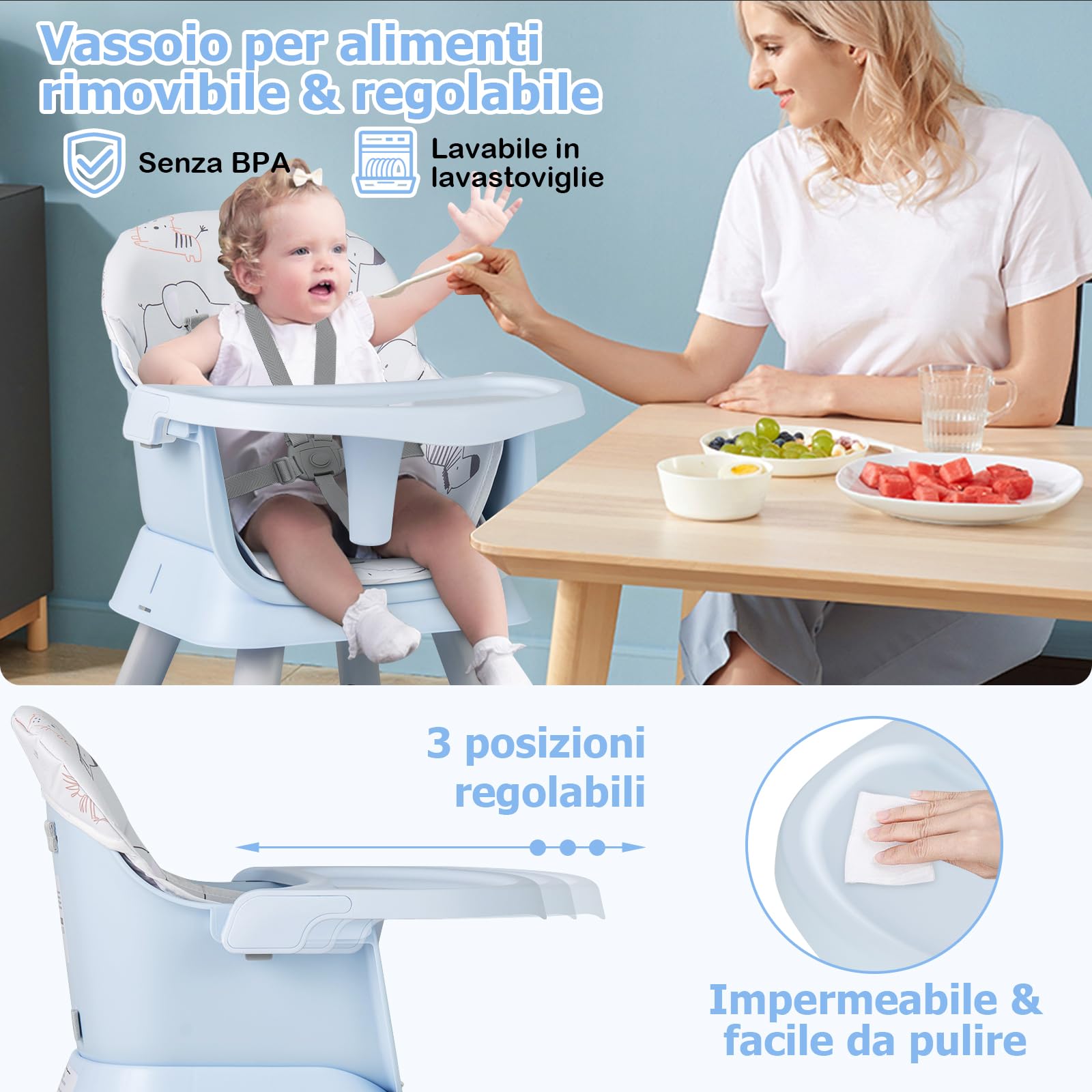 RELAX4LIFE 6 en 1 Trona Bebé con Arnes de 5 Puntos y Cojín Desmontables, Tronas de Bebe Portátil con Bandeja Ajustable y Extraíble, Mesa y Silla Infantil para Niños 6+ Meses, Carga 25kg (Azul)