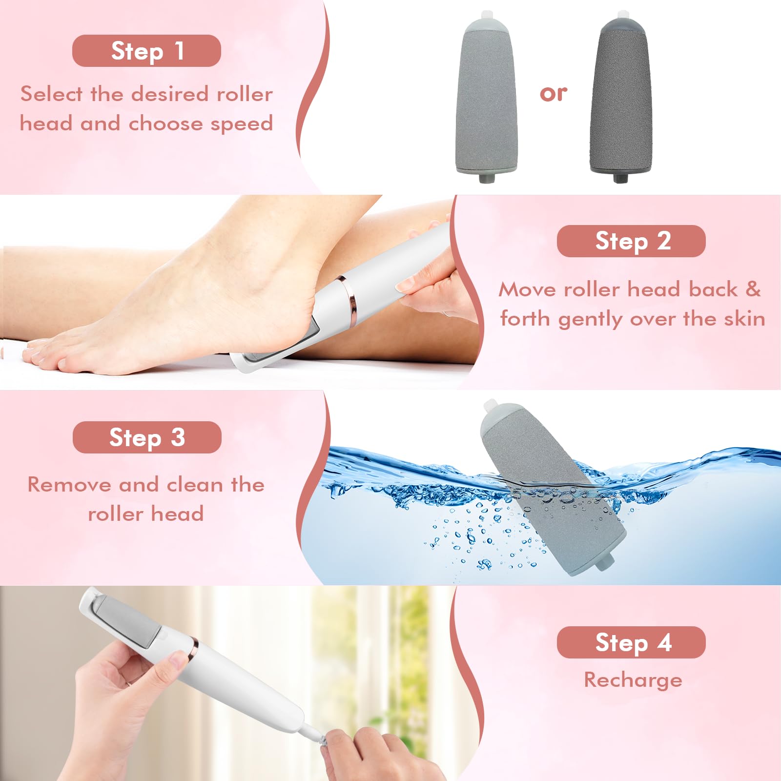 LIYUJSDZ Electric Foot File & Callus Remover, Professional Pedicure Tools for Dry, Calloused, Dead, Cracked and Hard Skin, Equipped with 2 Polishing Heads and 1 L Brush 4