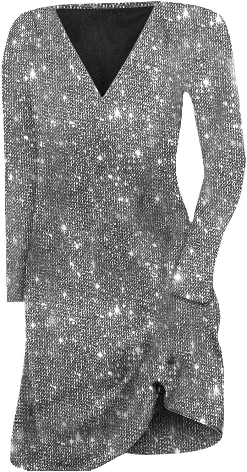 Robe Pour Le Nouvel An Femmes Mode Manches Longues/Courtes Robes Pour Partie Curvy Vêtements Nouvel An Paillettes Col En V Robes De Soirée Bodycon