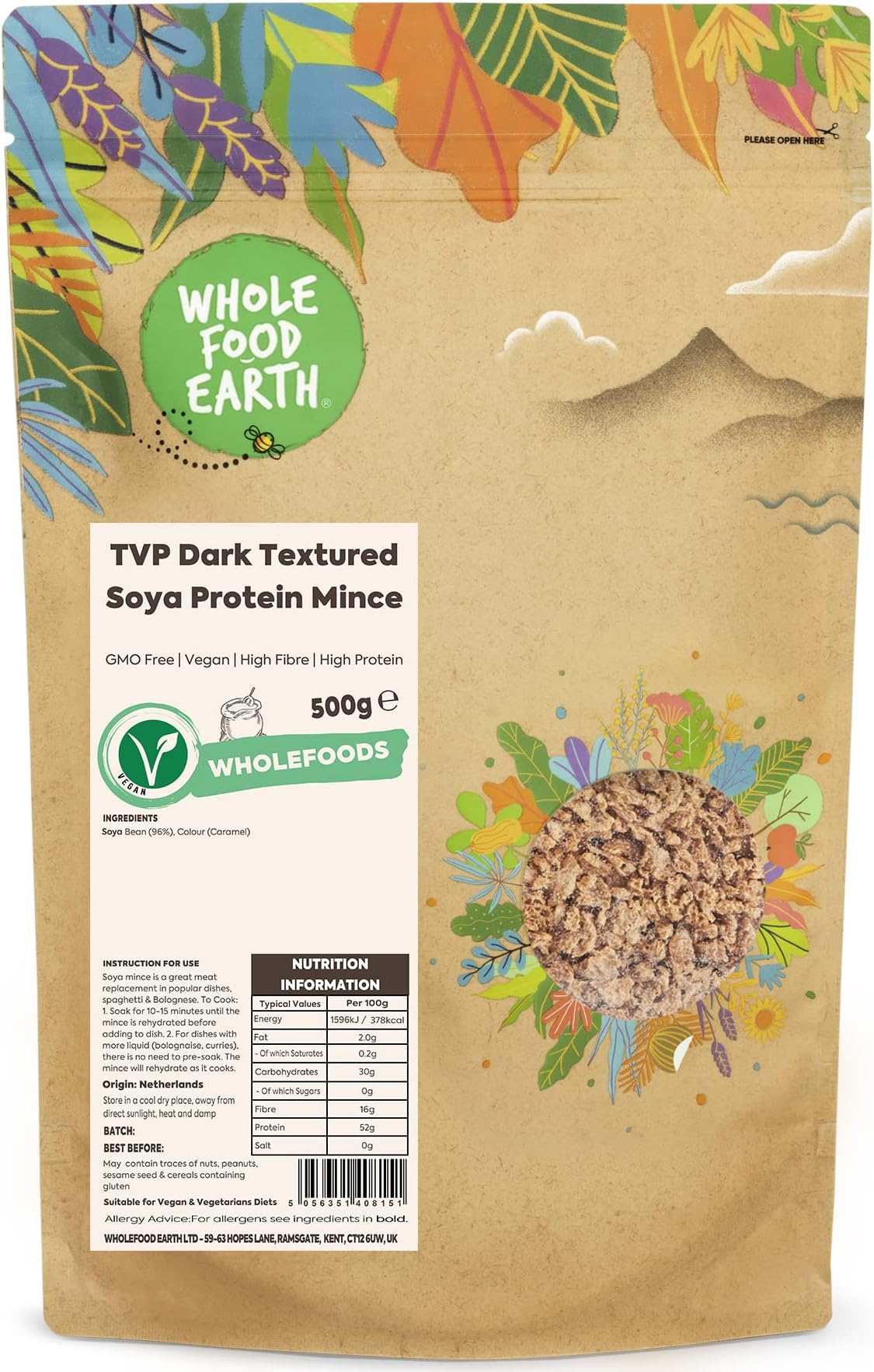 Wholefood Earth TVP Dark Textured SOYA Protein Mince 500 g | GMO Free | High Fibre | High Protein
