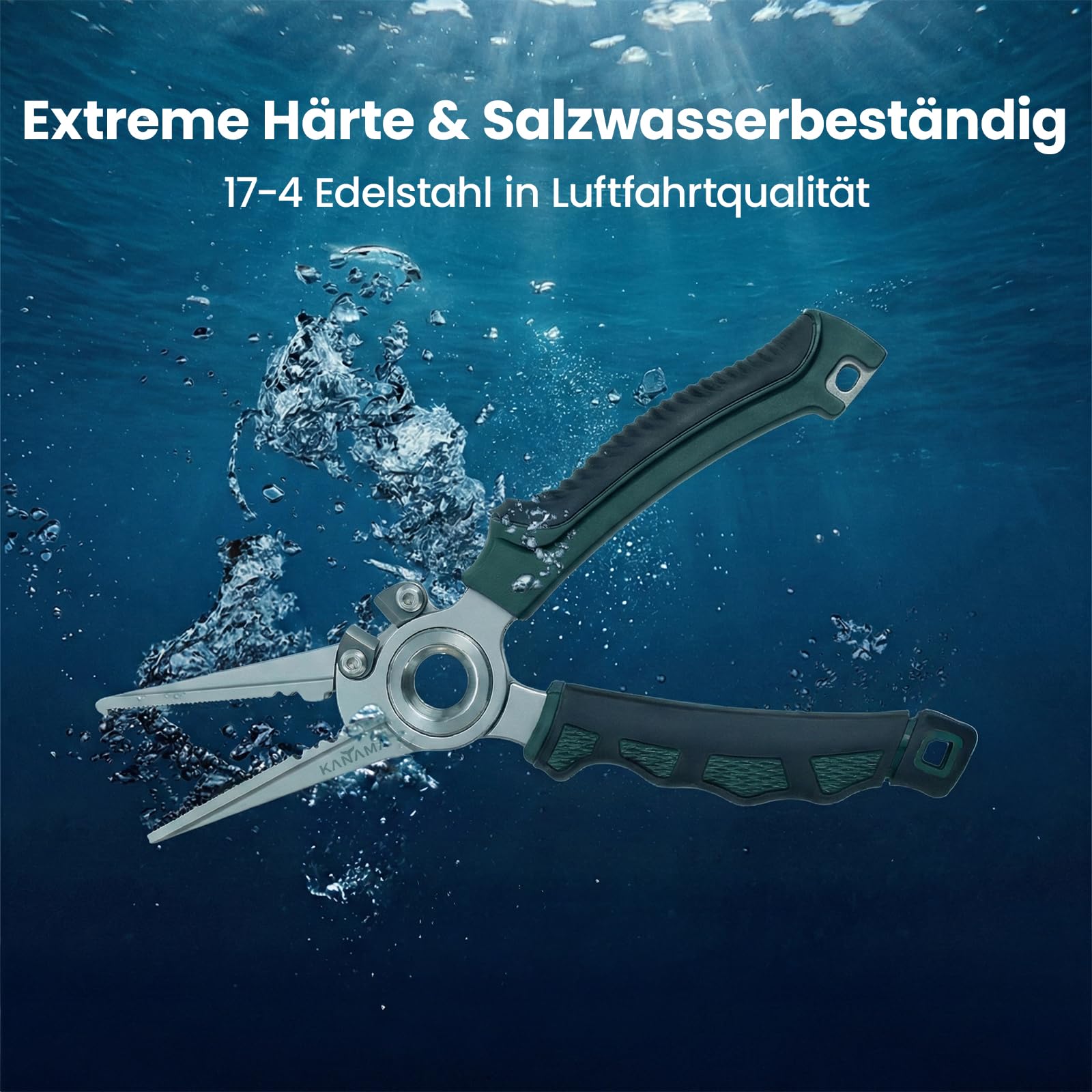 KANAMA Angelzange aus 17-4 Edelstahl, 19 cm Rostfreie Salzwasser Angelzange mit Sprengringöffner, Hakenlöser und Wolframkarbid Schnurschneider für Geflochtene Schnüre, Angler Geschenke für Männer
