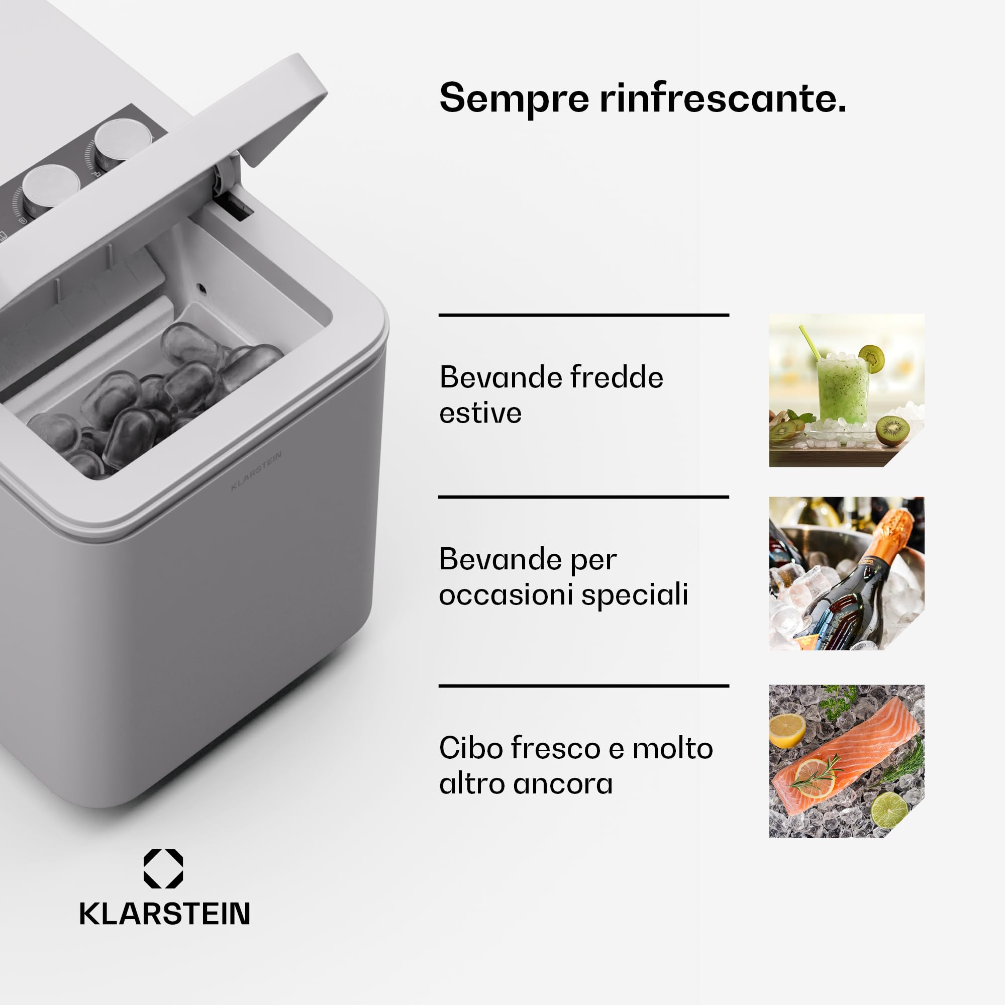 Klarstein IceCraft - Macchina del Ghiaccio, 12kg/24h, Cubetti in 6 Minuti, 2 Dimensioni, Facile da Usare, Design Moderno, Pulizia Automatica, Macchina del Ghiaccio per Casa e Bar, 150W, Bianco