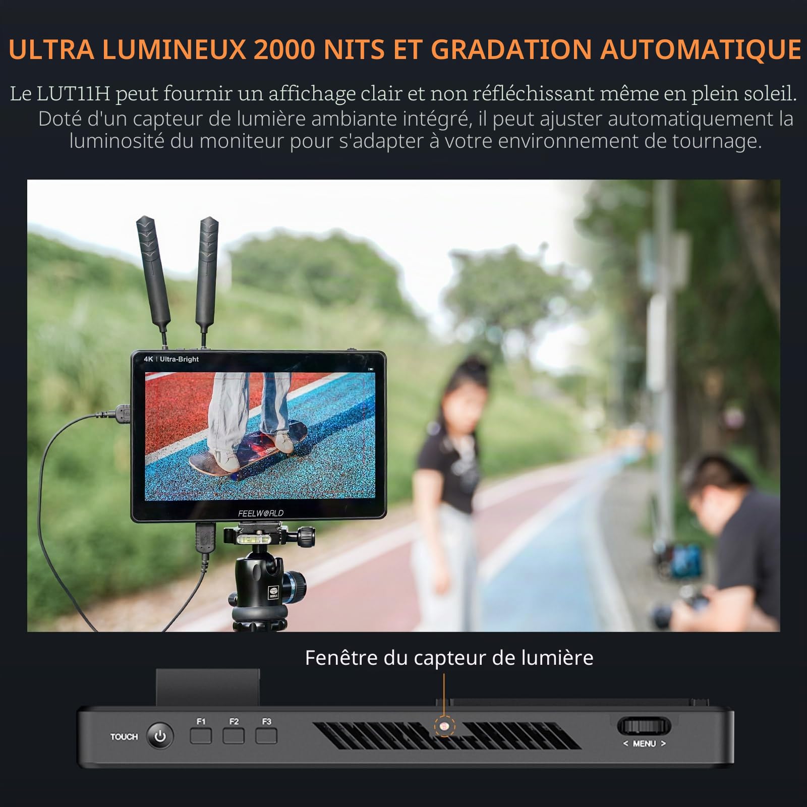 FEELWORLD LUT11H Moniteur d'appareil photo reflex numérique ultra lumineux de 10,1 pouces 2000 nit avec écran tactile forme d'onde LUT F970 Kit d'installation et d'alimentation HDMI entrée sortie