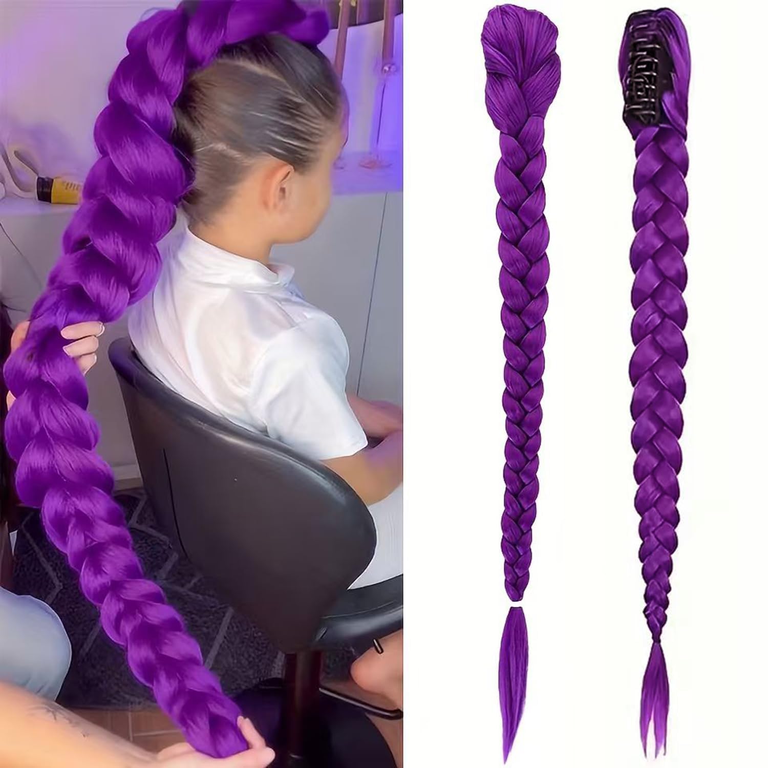 Purple Hair Extensions Ponytail Hair Extension, 66cm Hand-Braided Hair Wig with Claw Clip, Synthetic Hair Tinsel for Cosplay, Parties and Daily Use-image-44