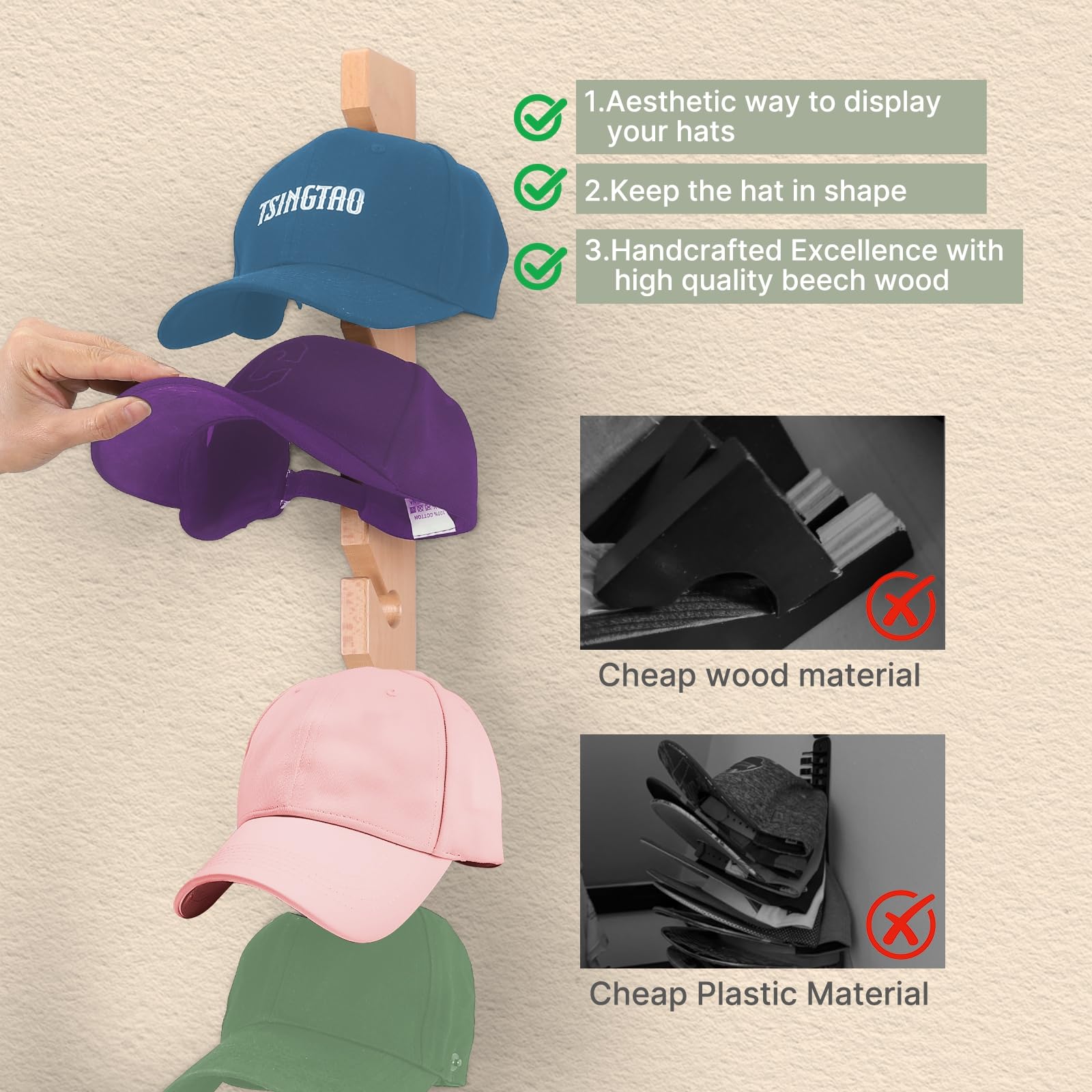 solid wood hat rack for wall (2 pack) - 20 baseball cap organizer - premium beech hat holder & vertical display - heavy duty hat hangers for closet, door, mens room decor (natural)