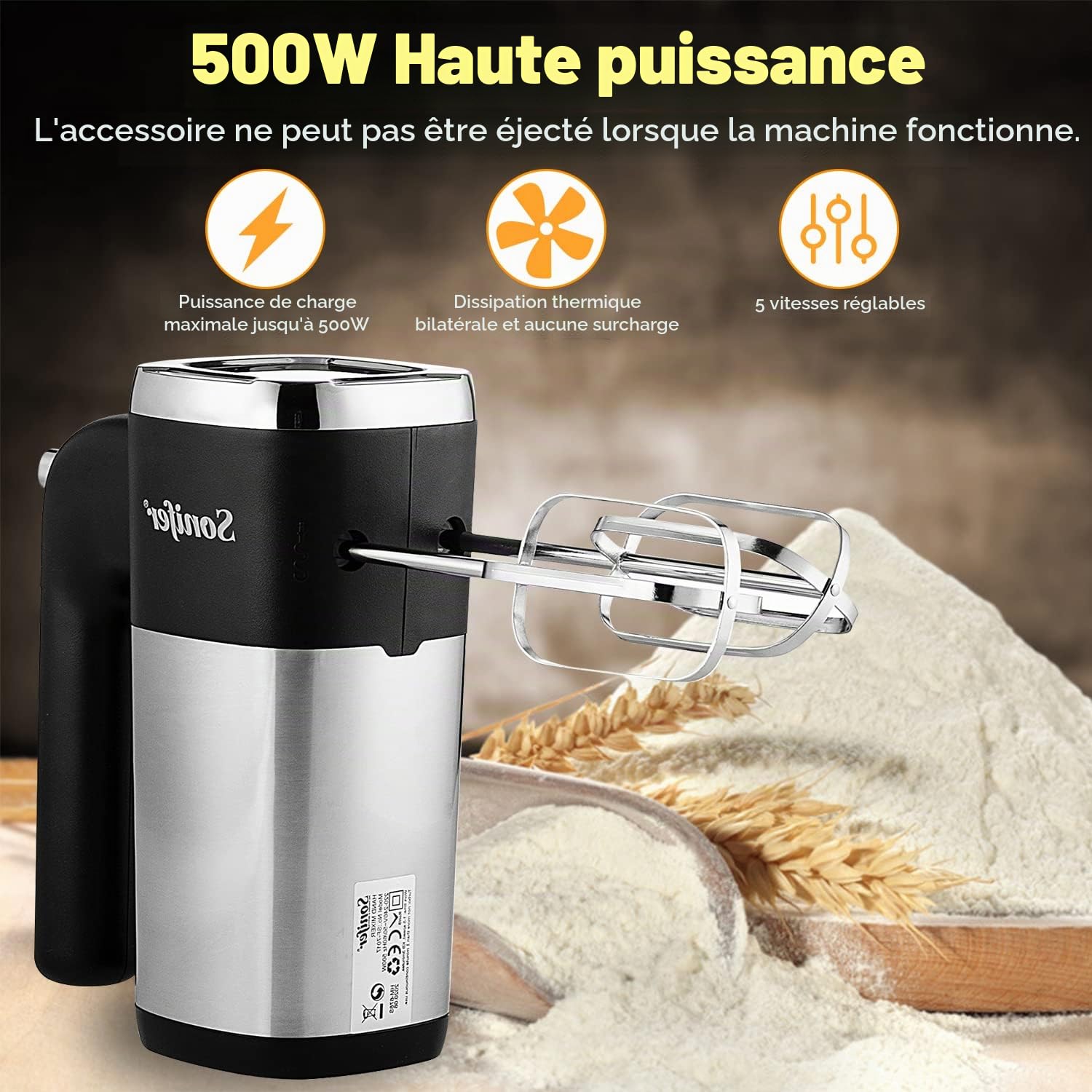 Sonifer Batteur Electrique Cuisine, Batteur Électrique Ultra Puissant de 500W, 5 Vitesses et Turbo, Bouton D'éjection, 1 Support de Rangement et 2 Batteurs et 2 Crochets Pétrisseurs
