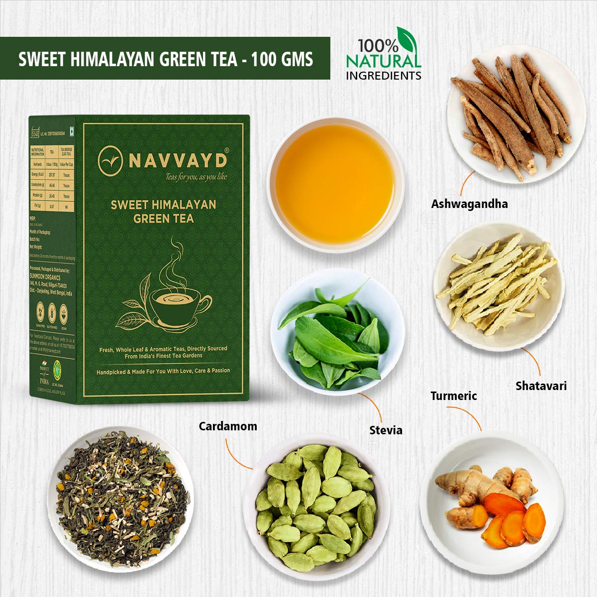 NAVVAYD Sweet Himalayan Green Tea (3.52 Oz / 100 Gm), With Ashwagandha, Shatavari, Stevia, Turmeric & Cardamom, Loose Leaf