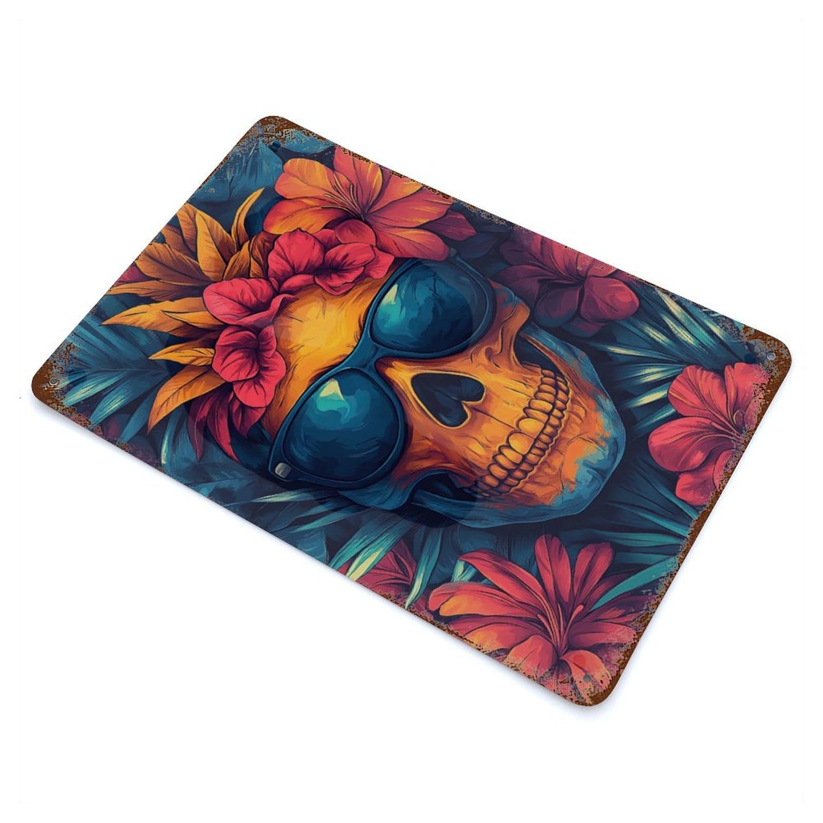 Skull in Tropical Paradise Distressed Metal Wall Sign 11.8"x7.9", for Farmhouse, Kitchen And Entryway Decor, Rustic Home Decor