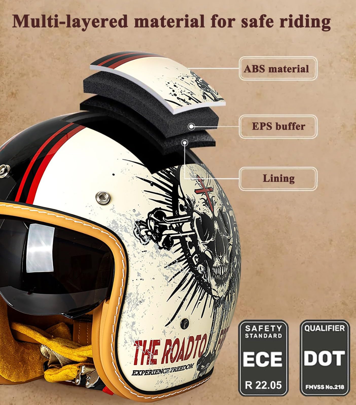 Otwarty kask motocyklowy, vintage półkask dla mężczyzn i kobiet, zderzeniowy kask motocyklowy do skutera, cruisera i motoroweru, dopuszczony do użytku na drogach publicznych zgodnie z ECE 2205