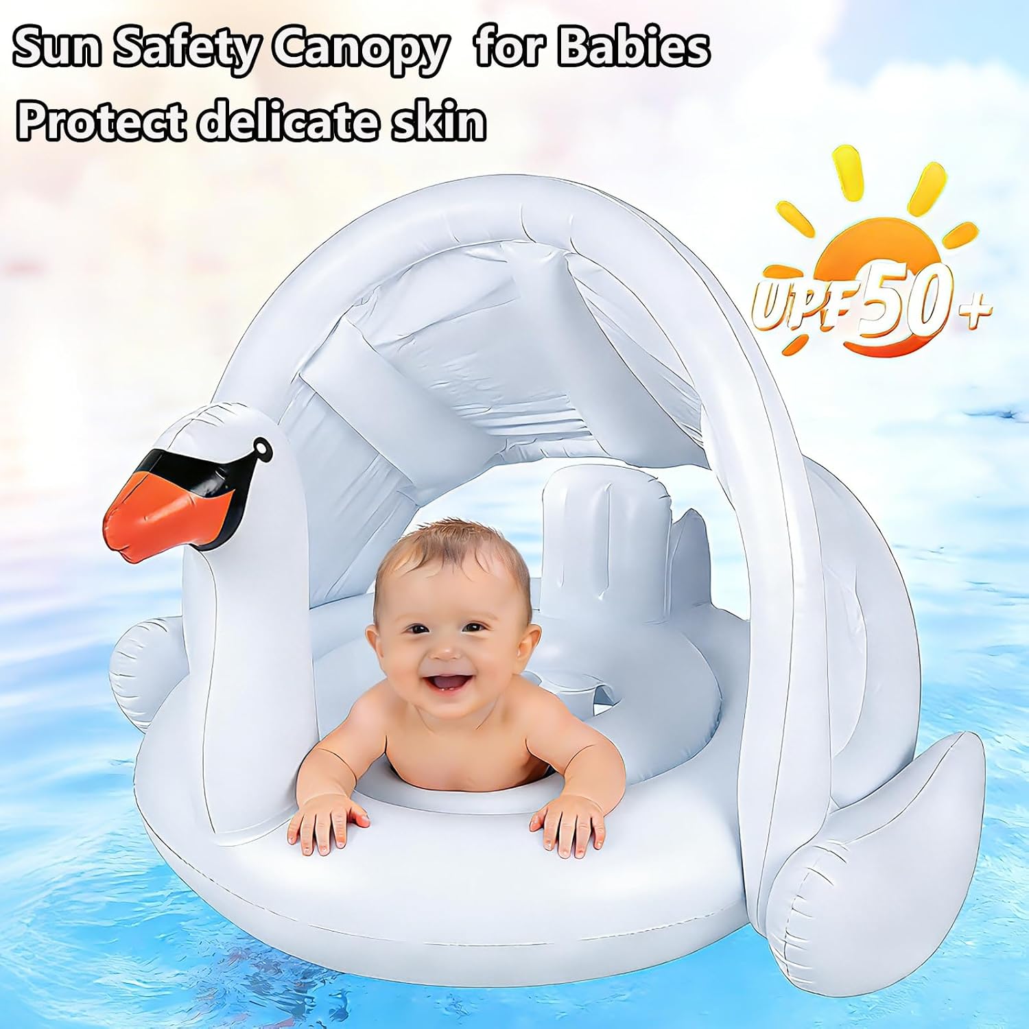 NMM Swan Baby Floats with Canopy, Swan Pool Float with Back Holder & Wings Airbag, Inflatable Swimming Ring for 6-36 Months Toddler,Water Party Supplies & Decor for Summer - White