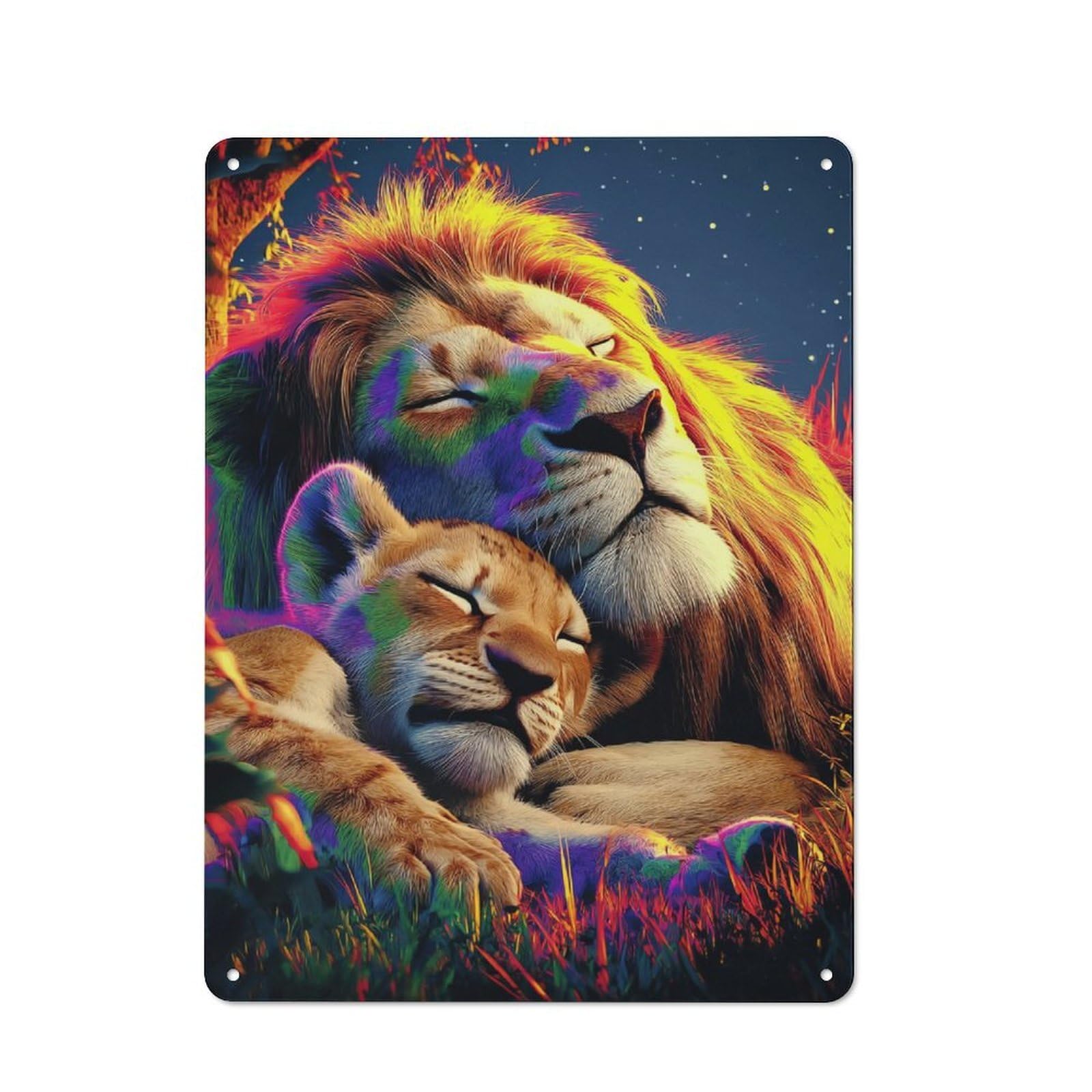 Decorative Tin Plaque with Colorful Lion And Cub Resting Design 40x30cm, Classic Novelty Wall Art for Flat, Dorm Room, Lounge Or Cafe