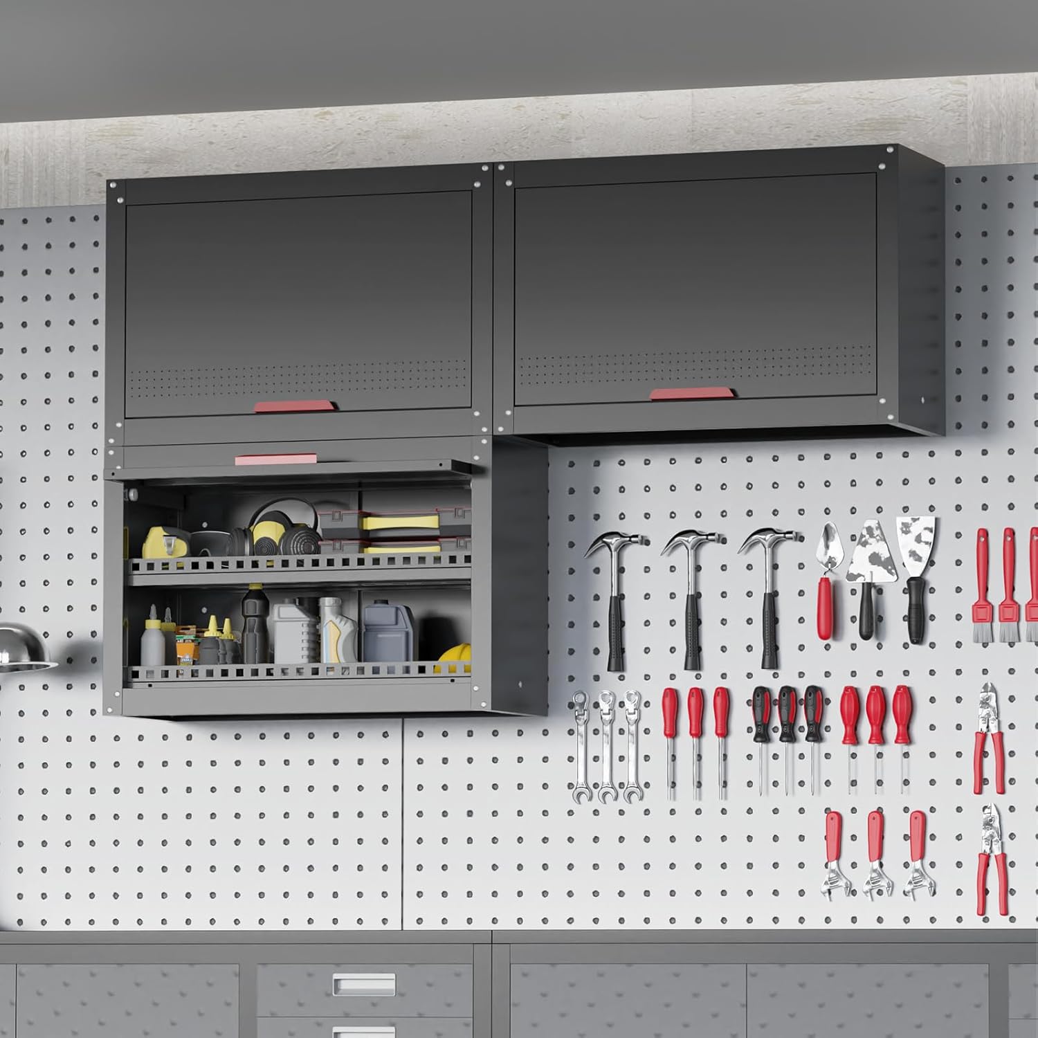 Kelueo Metal Garage Wall Cabinet,Storage Cabinet with Up Flip Door Design Wall Garage Cabinet with Adjustable Shelf and Magnetic System,Tool Cabinet with Anti-Fall Rails for Basement