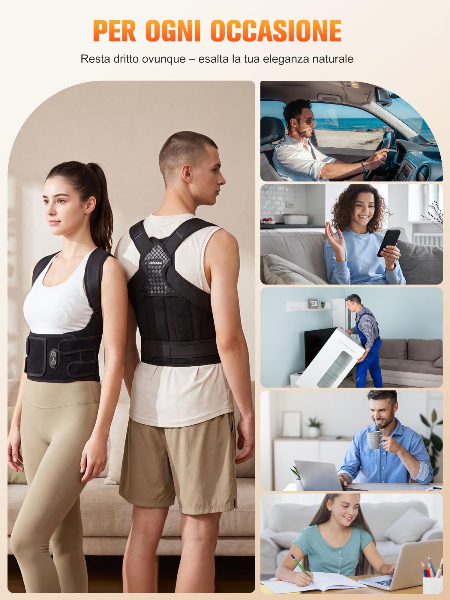 Fascia Posturale Spalle Schiena Uomo Donna - Correttore Posturale Elastico Regolabile con Funzione Luce Rossa LED e Supporto Lombare - Busto Traspirante per Raddrizza Schiena, Migliora la Postura (L)