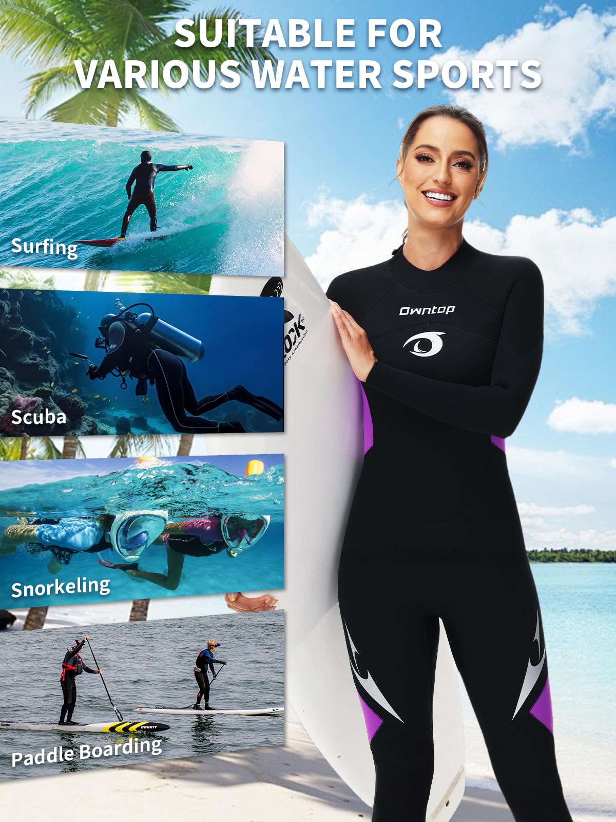 Owntop Muta da 5 mm per uomo e donna, in neoprene, con cerniera posteriore, per adulti, lunghezza intera, termica, flessibile, per immersioni in acqua fredda, surf