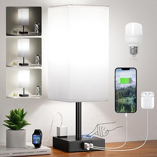 Miniatura 2 de Lámpara negra para dormitorio, lámpara táctil con salidas USB-C+A y CA, mesita de noche cuadrada de 3 vías para niños, habitación de invitados, sala