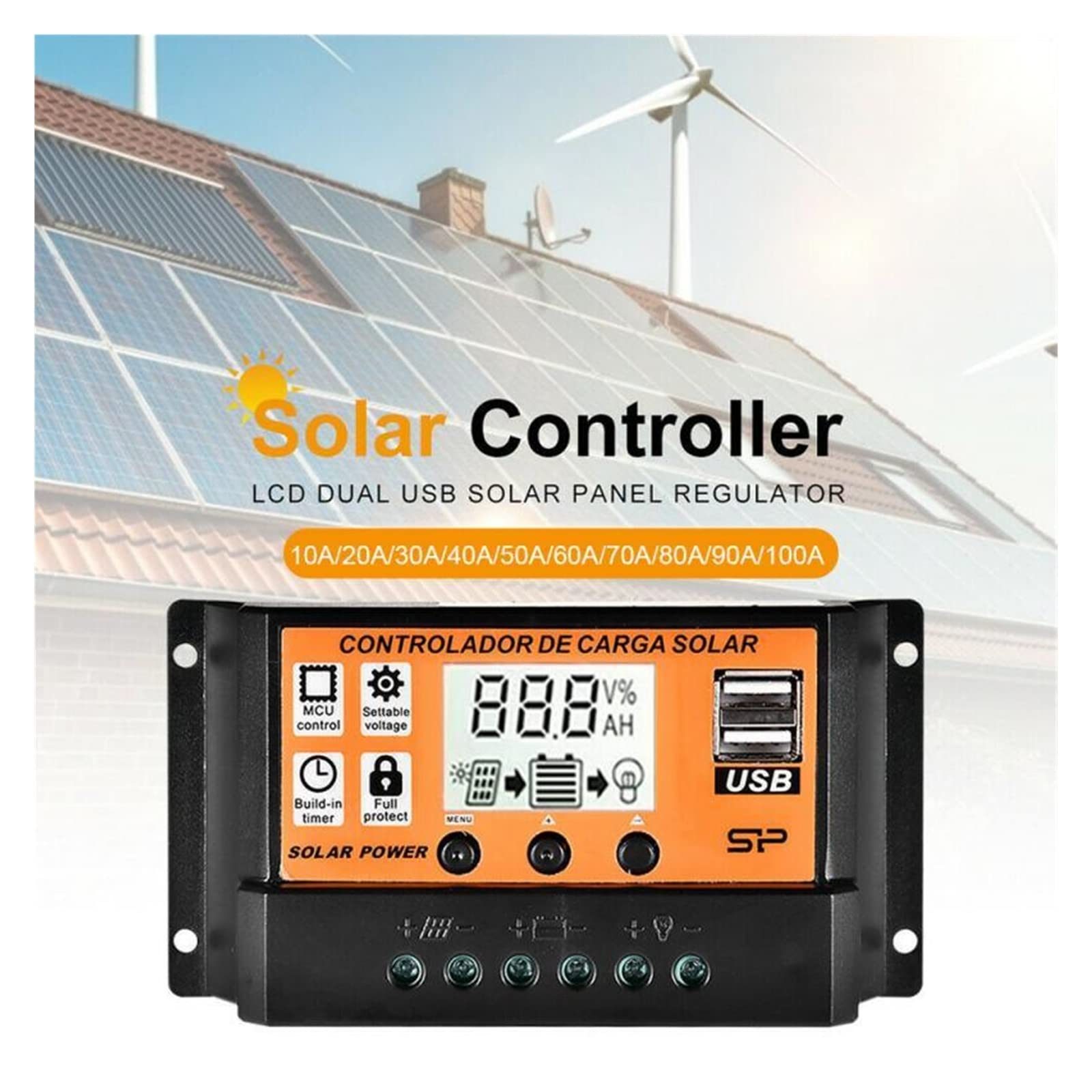 Regolatore di carica solare, 100A/50A/40A/30A/20A/10A 12V 24V Regolatore di Carica Solare Auto MPPT/PWM Regolatori LCD Dual USB Uscita Pannello PV(70A)