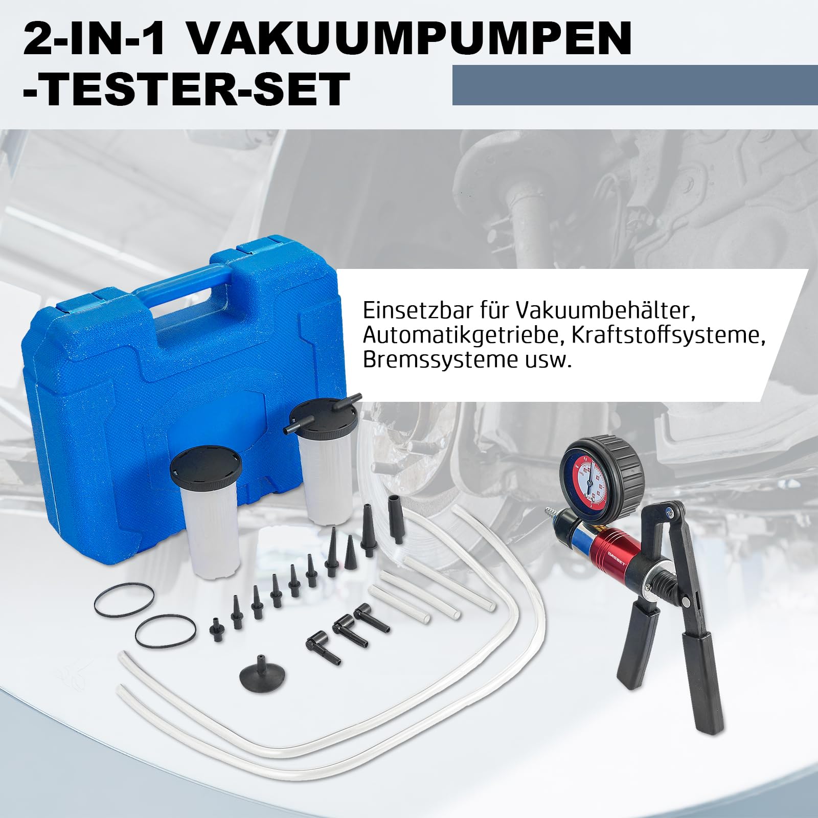 DASBET 23TLG Vakuumpumpe Bremsenentlüfter Set, Hand Unterdruckpumpe mit Druckprüfer & Adaptern, Vakuum Tester für Auto Motorrad Kfz Bremsen Entlüften mit Koffer