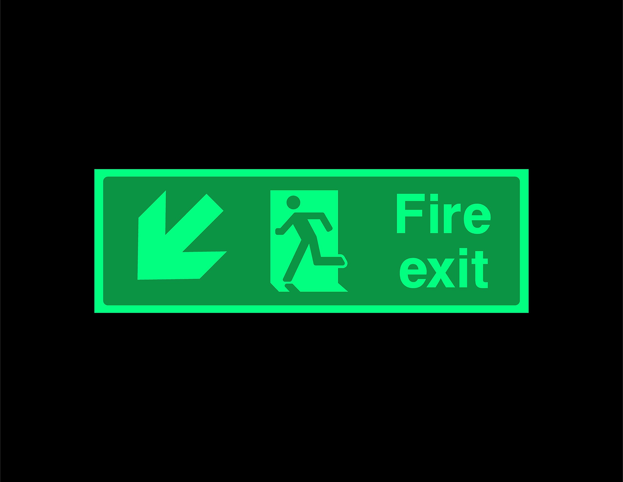 Fire exit down left running man Safety sign - 300mm x 100mm 1.2mm Photoluminescent rigid plastic with self adhesive backing