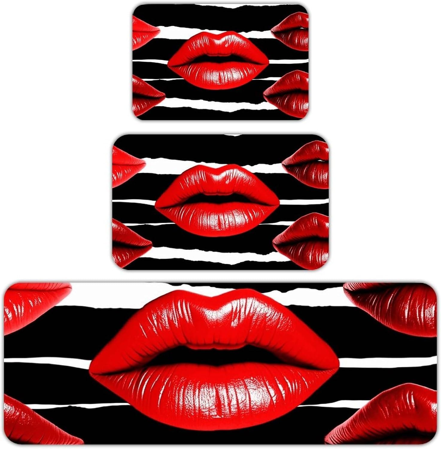 Red Lips Kiss Kitchen Mats for Floor 3 Pcs Kitchen Rugs