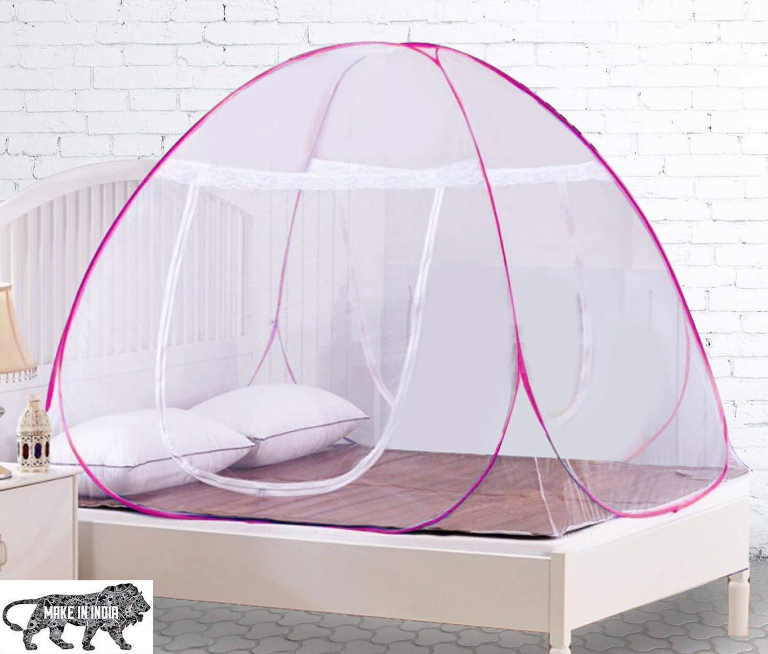 Weavers VillaMosquito Net Double Bed Nets for King Size Foldable Mosquitoes Net with Adults Child Maskito, 3 Pair Saviours, Mosquito Net / Machhardani (Pink)