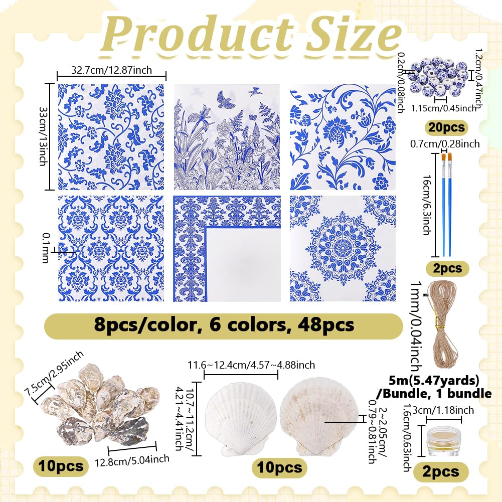 NBEADS Conchas de Ostra Naturales para Manualidades, Kit de Conchas de Ostra Incluye Servilletas con Motivo de Porcelana Azul y Blanca, Cuentas de Porcelana Pinceles para Decoración Colgantes DIY