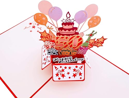 Miniatura 4 de iGifts And Cards Tarjeta de felicitación emergente 3D con caja de fiesta de cumpleaños número 50 color rojo – Cincuenta, impresionante, globos,