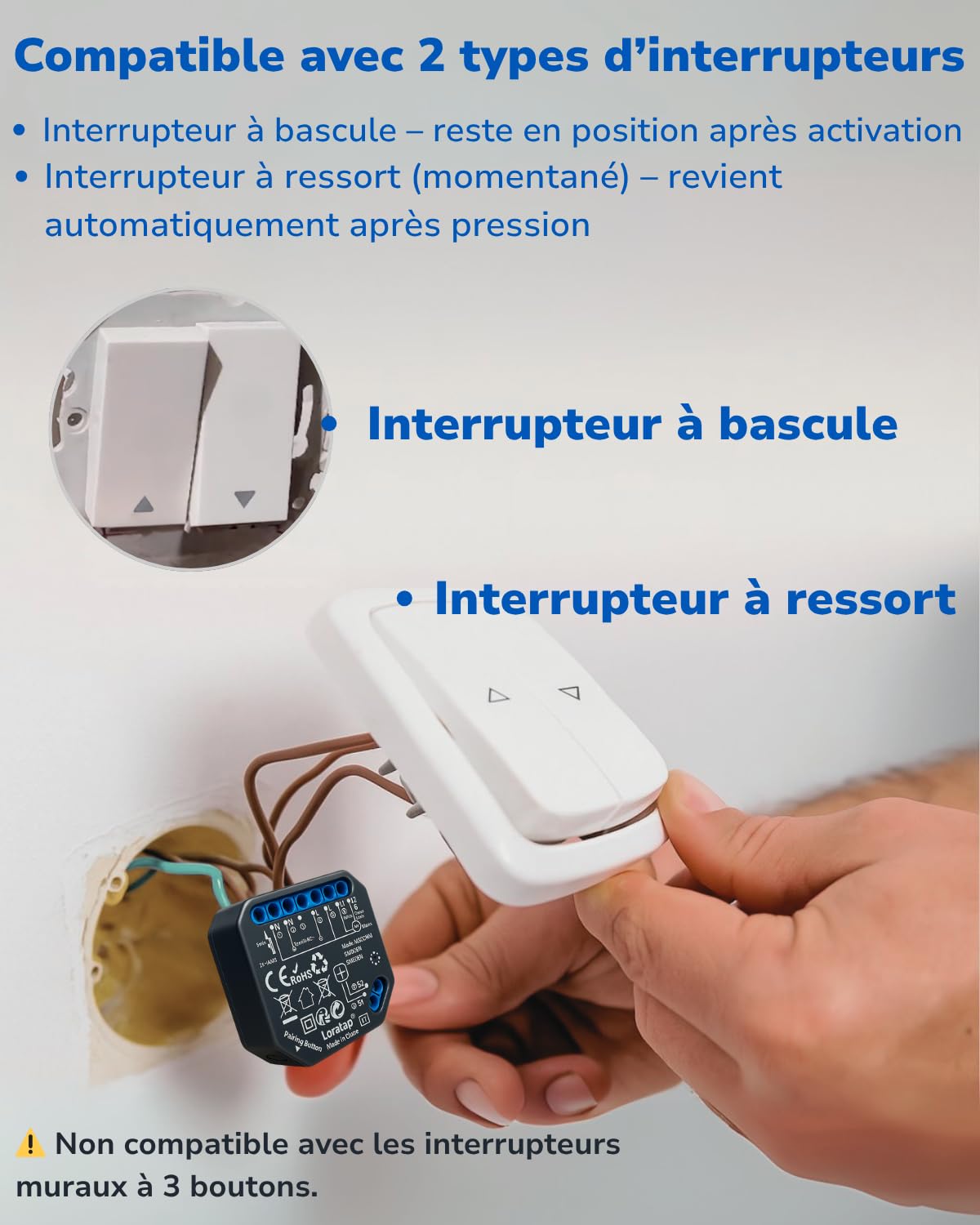 LoraTap Module Interrupteur Volet Roulant WiFi 0–100% AC 4 fils 300W