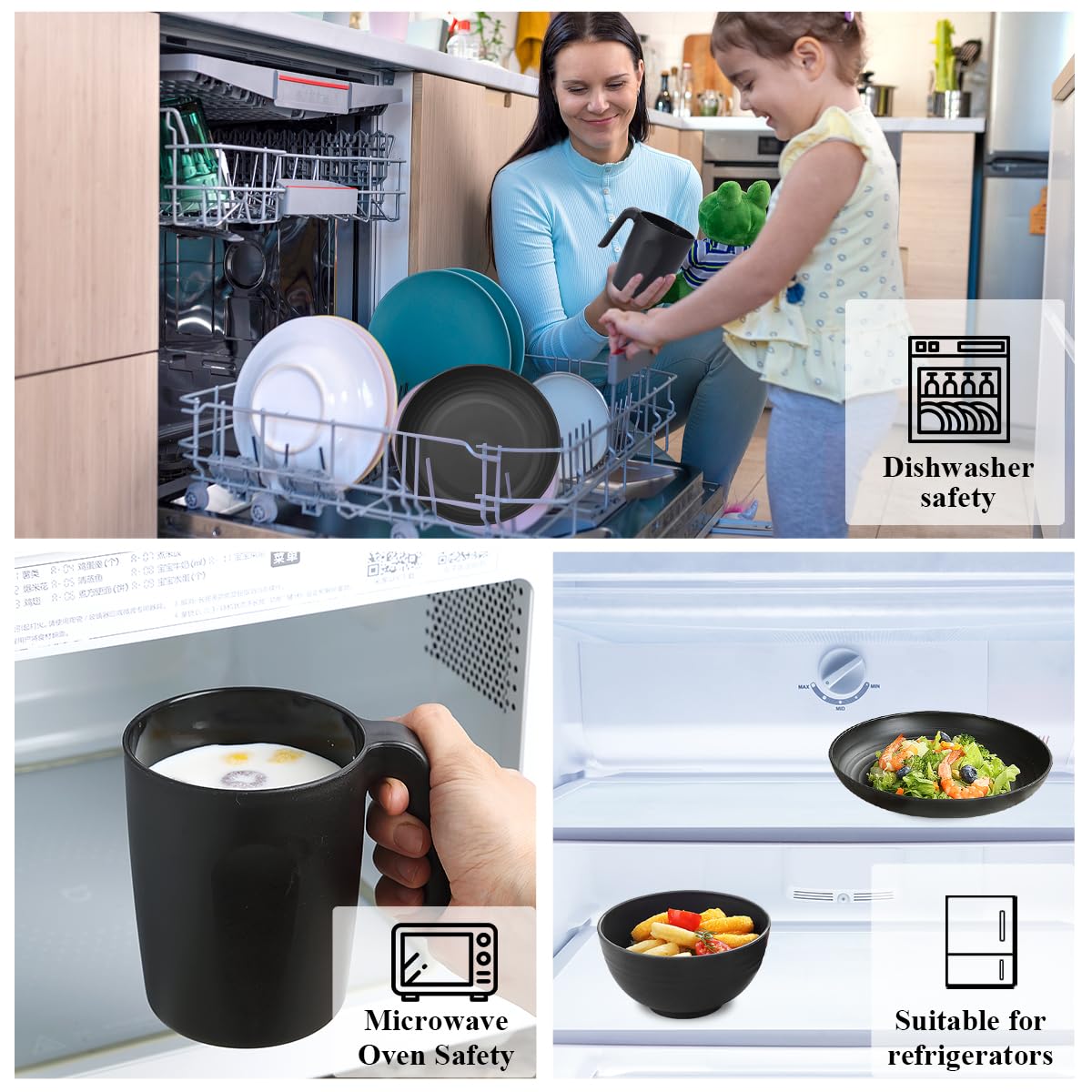 Berglander Plastikgeschirr aus schwarzem 24 teiliger für 6 Personen, wiederverwendbare Teller und Schüsseln mit Speisetellern, Desserttellern, Müslischalen, Tassen für Zuhause, Garten, Picknick