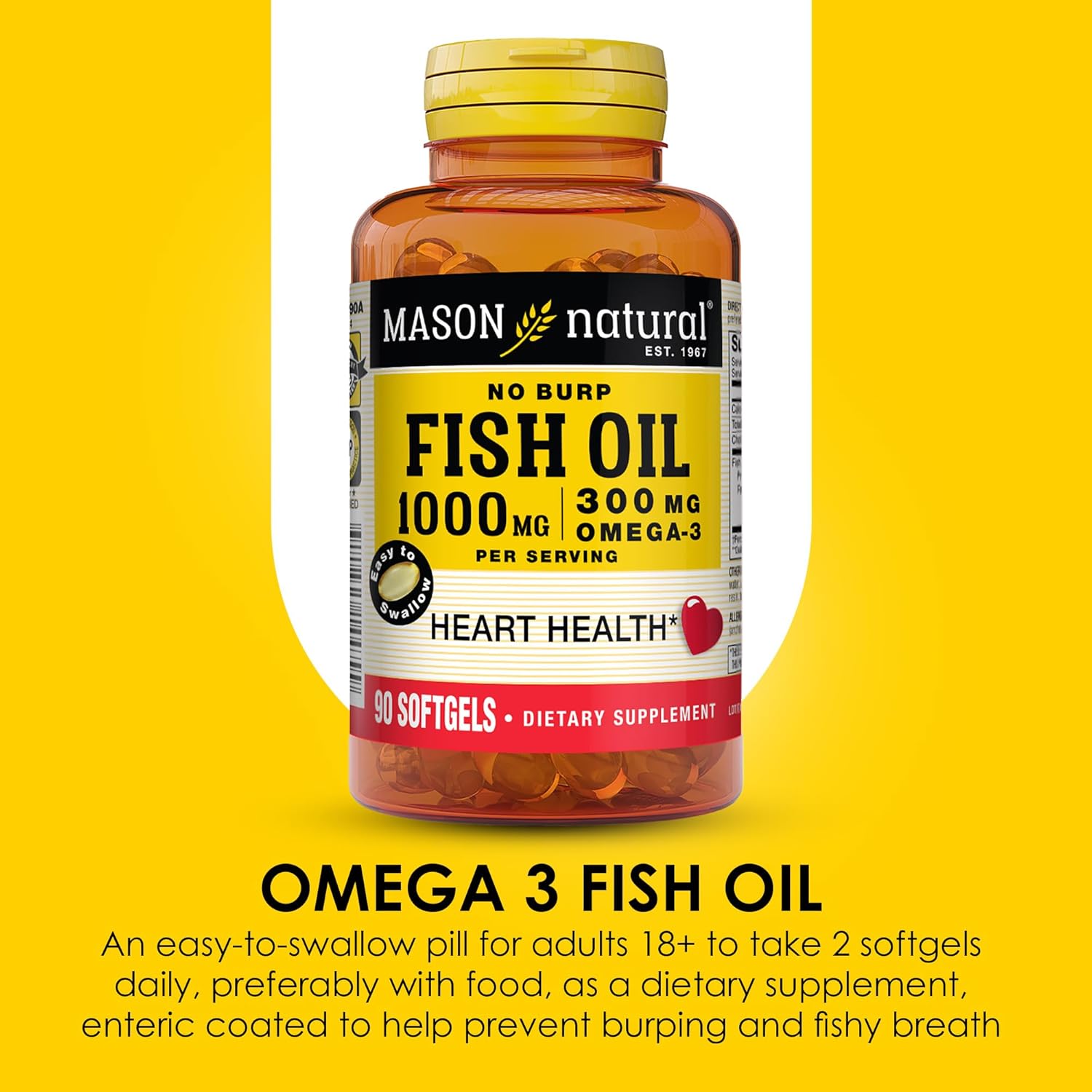 MASON NATURAL Omega 3 Fish Oil, 45,Day Supply, 1000mg with EPA and DHA for Joint Support, 90 Softgels (Pack of 2)