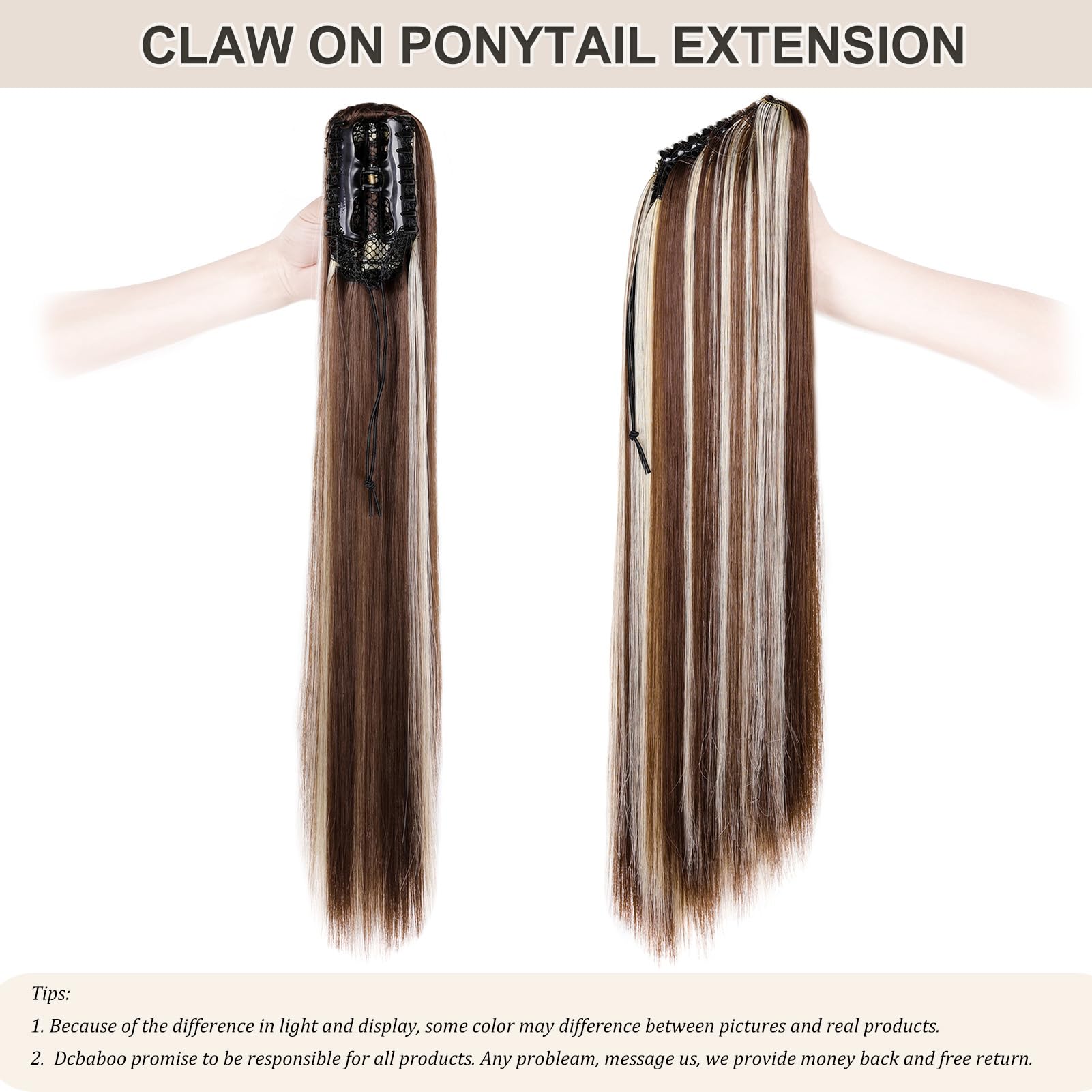 Dcbaboo 22inch Claw Clip in Ponytail Hair Extensions Long Straight Ponytail Extension Synthetic Pony tails Natural Wave One Piece Hairpiece Fake Ponytail for Women Chestnut Brown & Bleach Blonde - Image 4