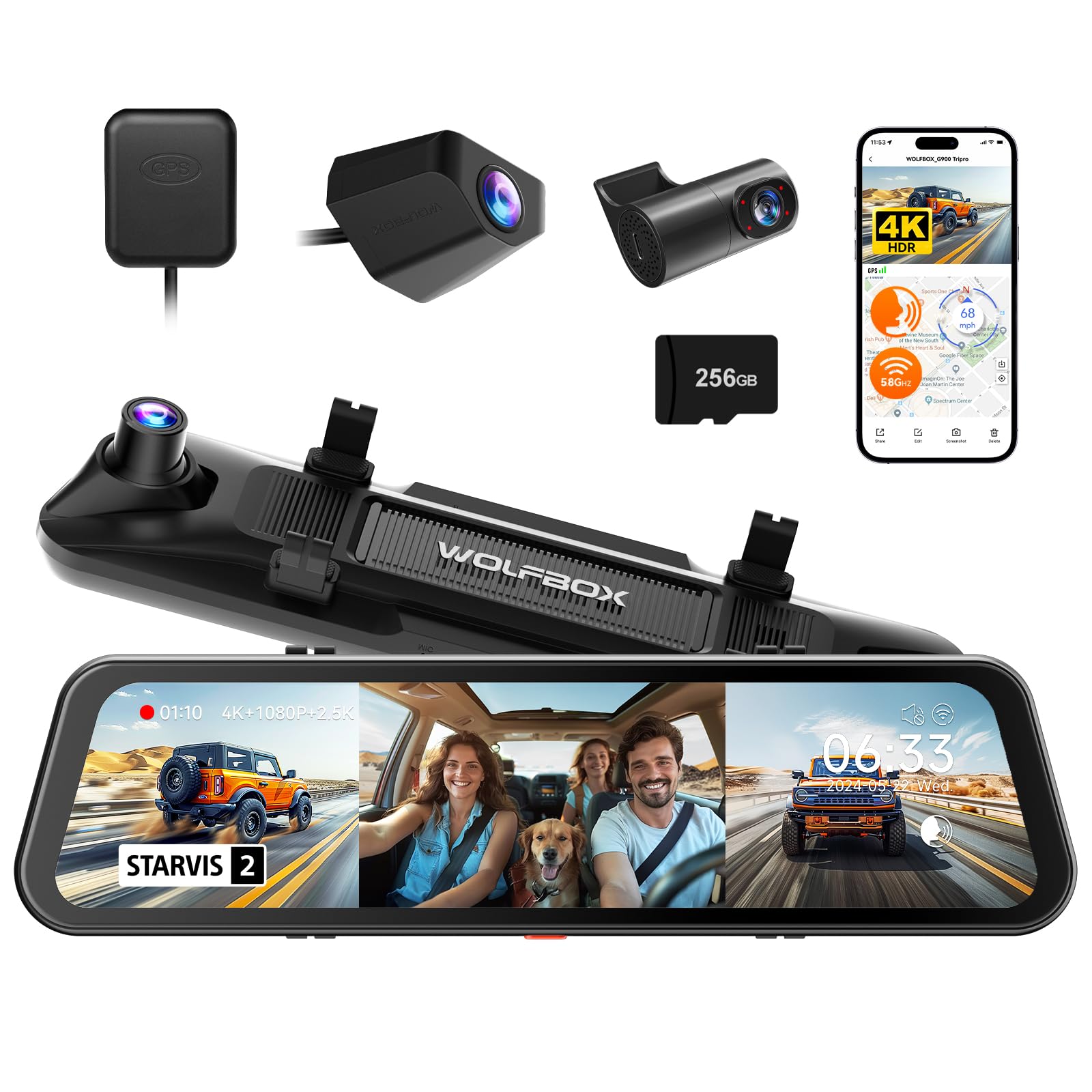 WOLFBOX G900 Tripro Cabin Version 3 Channel 4K Rear View Mirror