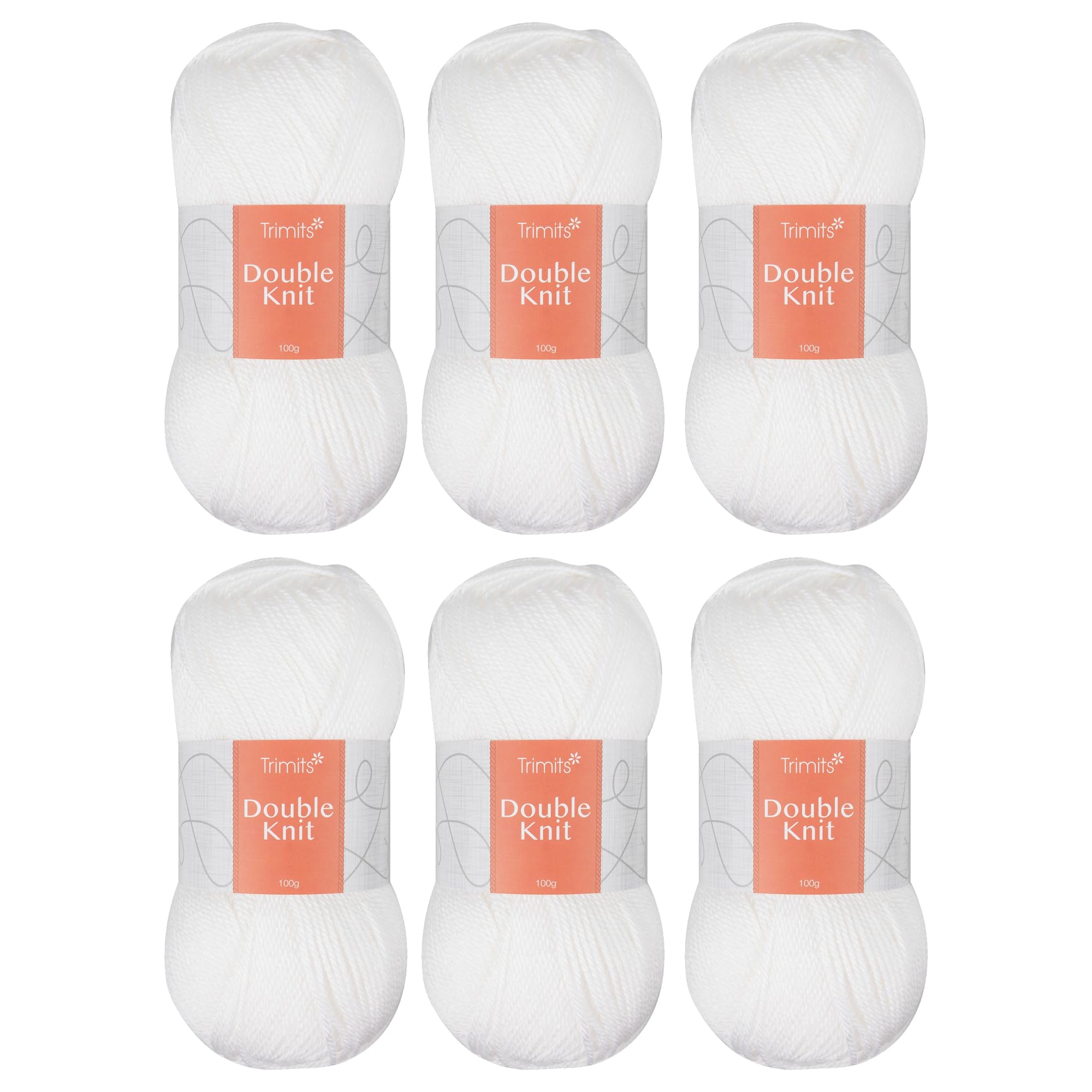 Trimits Double Knit Acrylic Yarn Wool for Knitting and Crochet - 6 x 100g (280 metres) - Soft Touch Easy Care Machine Washable DK Yarn, Oeko-TEX Certified Fibre, White