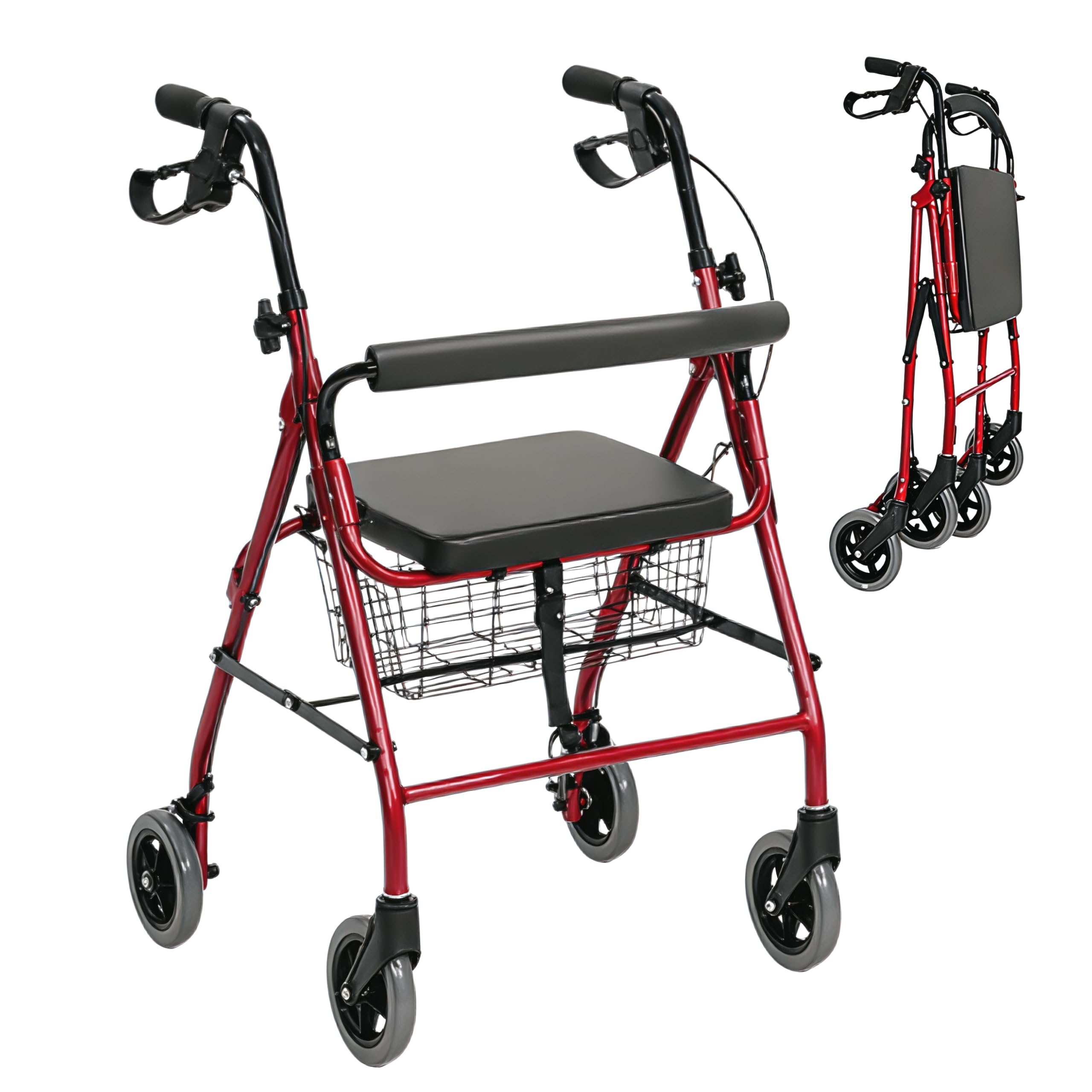 Andador para Ancianos Plegable con Frenos. Andador para Adultos con 4 Ruedas, Altura Regulable, Asiento Acolchado y Cesta. Caminador Estructura de Aluminio Ligero y Resistente. Hasta 136 Kg