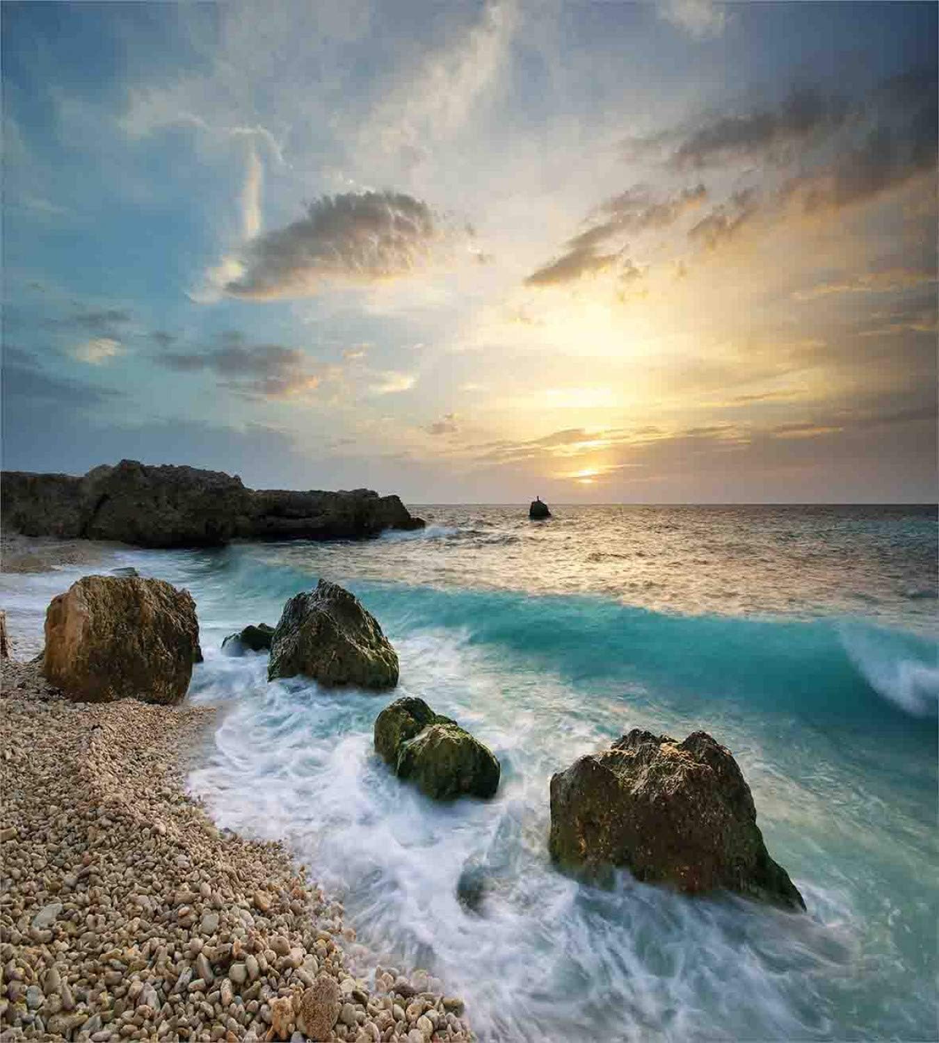 Ambesonne Ocean Duvet Cover Set, Seascape Composition of Nature Rocks Waves Cloudy Sky Rising Sun Beach Photo, Decorative 3 Piece Bedding Set with 2 Pillow Shams, Queen Size, Brown Blue Yellow Queen Brown Blue Yellow