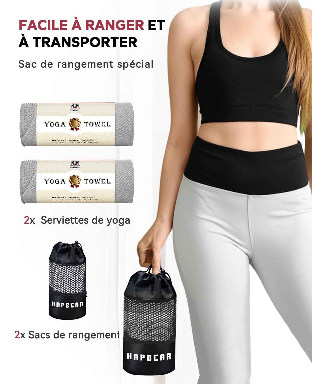 HAPBEAR Lot de 2 Serviettes Yoga 183 x 61 cm,Antidérapantes pour Tapis–Gris | Microfibre avec Picots Silicone,Séchage Rapide,pour Hot Yoga,Pilates,Salle de Sport & Bikram