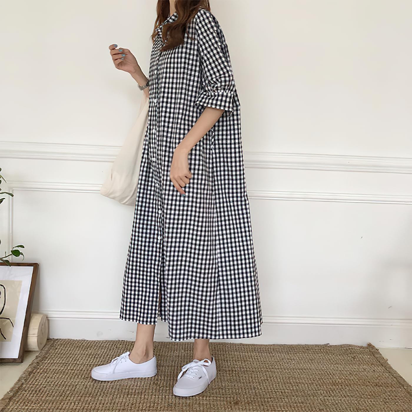 chouyatou Women's Summer Casual Short Sleeve Cotton Gingham Dress Plaid Midi Long Shirt Dress