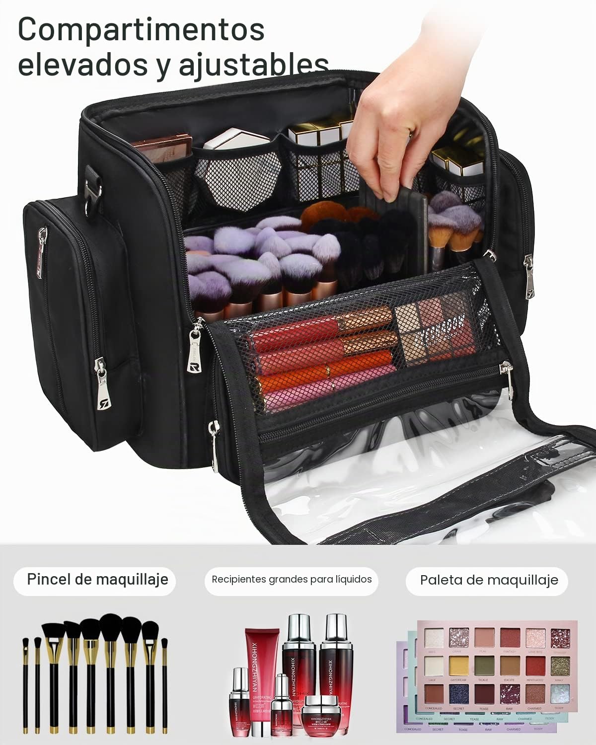 Relavel Bolsa para Pinceles de Maquillaje - Estuche Negro de Gran Capacidad - Bolsa Cosmética de Viaje y Organizador con Divisores Ajustables