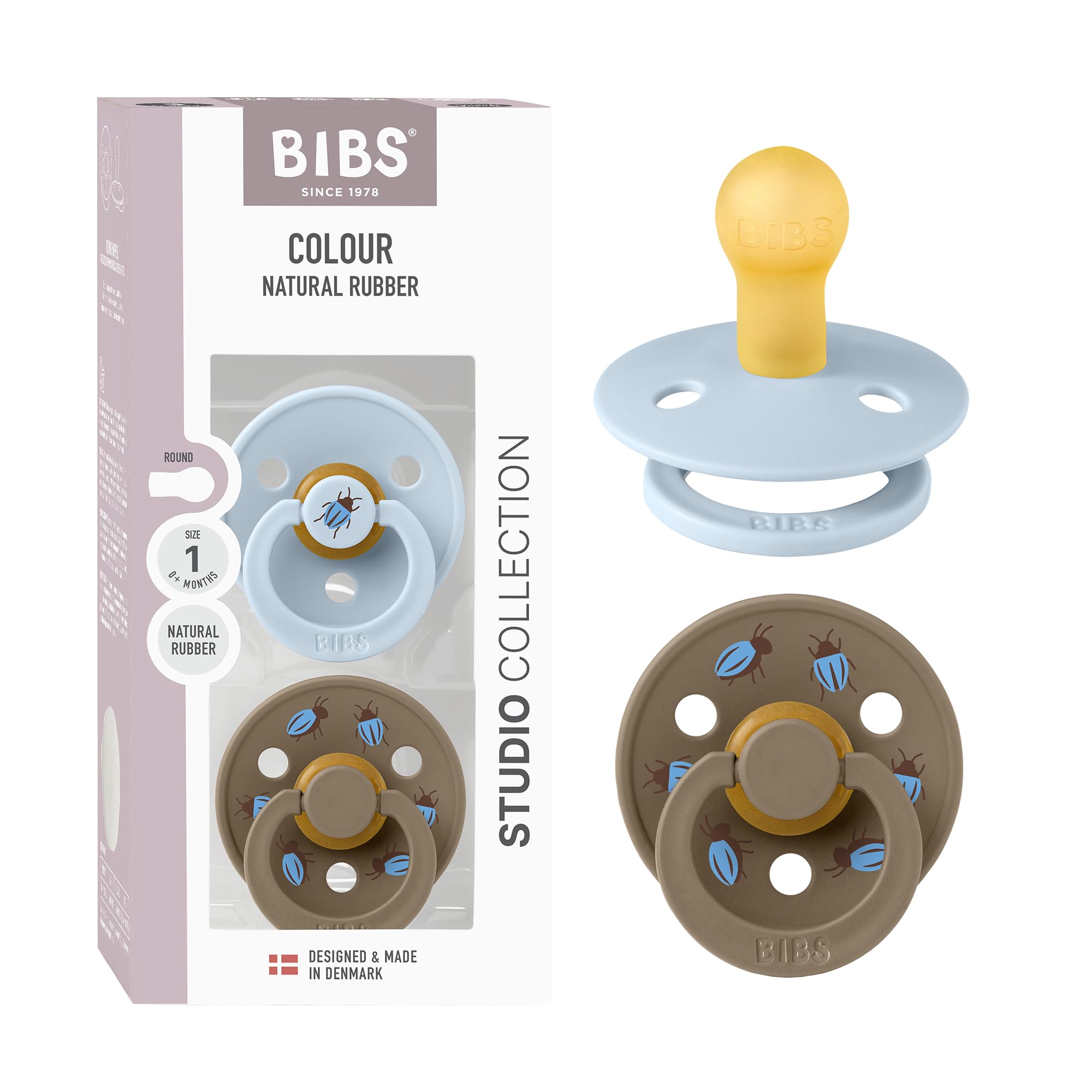 BIBS Colour Dummy, 0-6 Months, 2-Pack, Round Teat, Baby Blue/Dark Oak