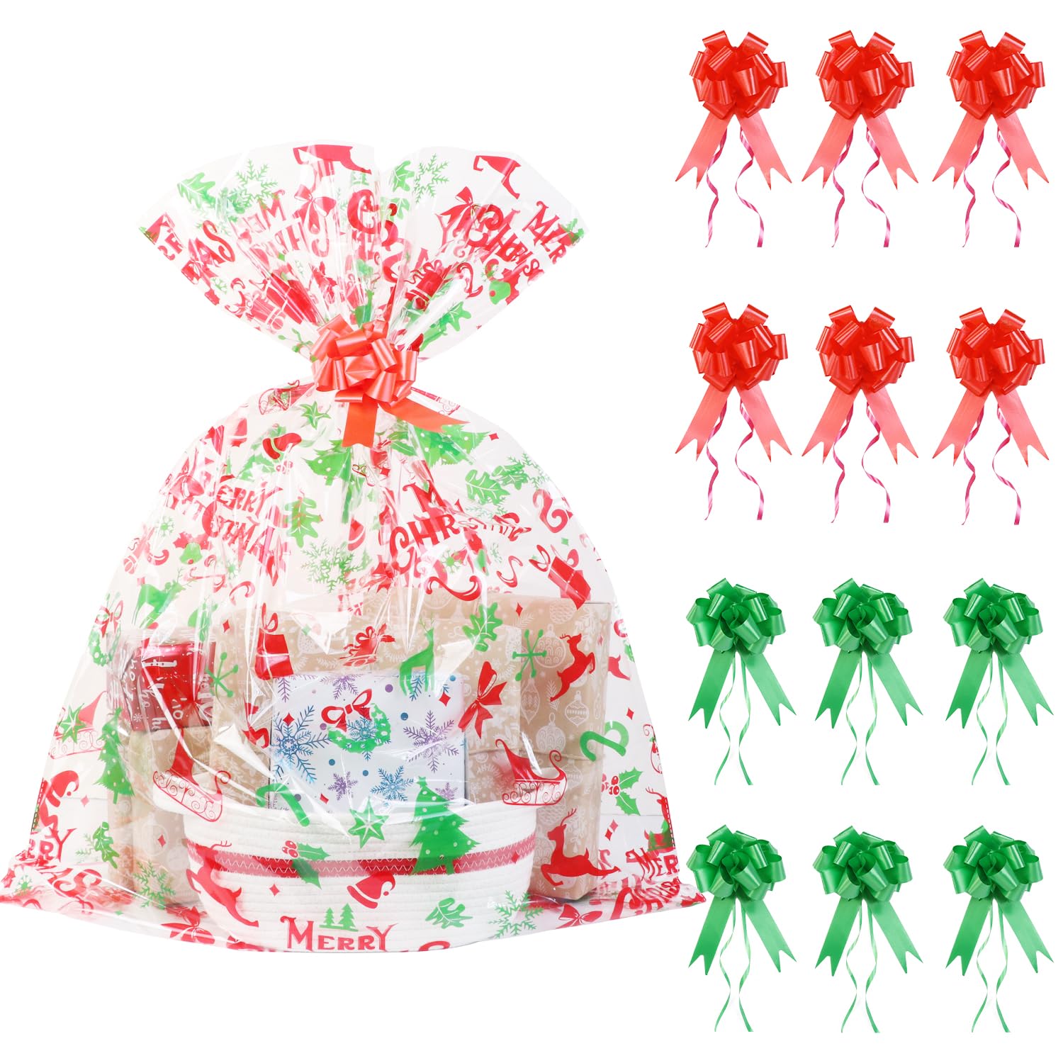 8pcs Extra Large Christmas Cellophane Gift Bags with Pull Bows,Xmas Hamper Basket Bags,Cellophane Bags For Christmas Hamper Making (colorful 3, 76*101cm)