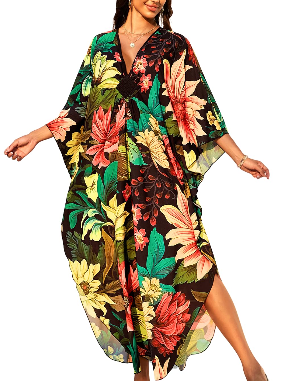 Print Moo-Moos for Women, Kaftan Cover-Up Dresses, Sexy V-Neck High-Slit, Beach Pool-Part…