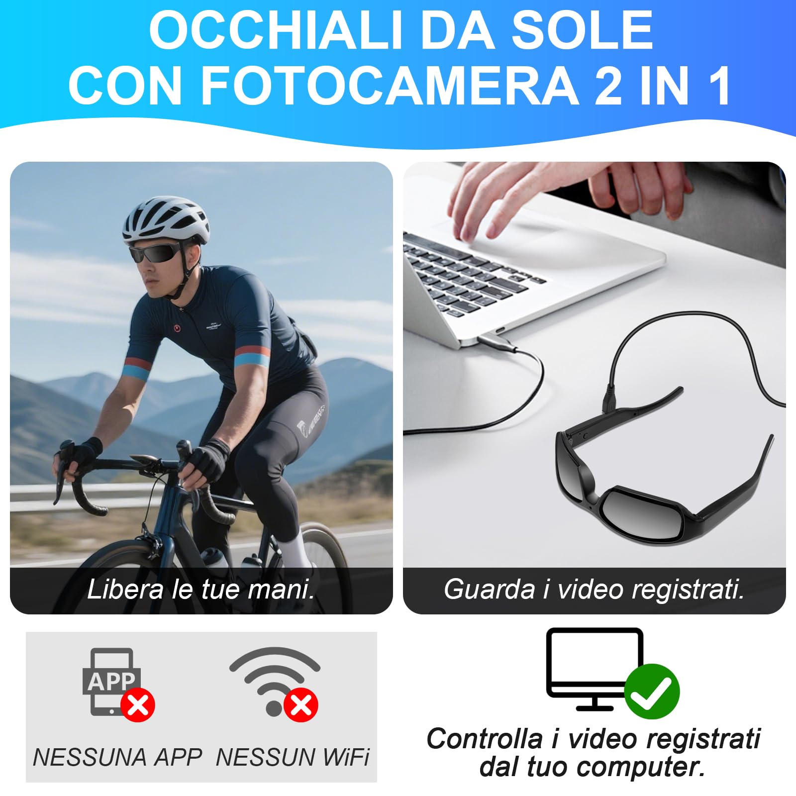 Occhiali da Sole Sport Mini Telecamera Hd 1080p Occhiali Mini Action Camera, Occhiali da Sole Sport Action Camera da 32Gb Per Escursionismo, Equitazione Attività All'aperto Registrazione - Nero