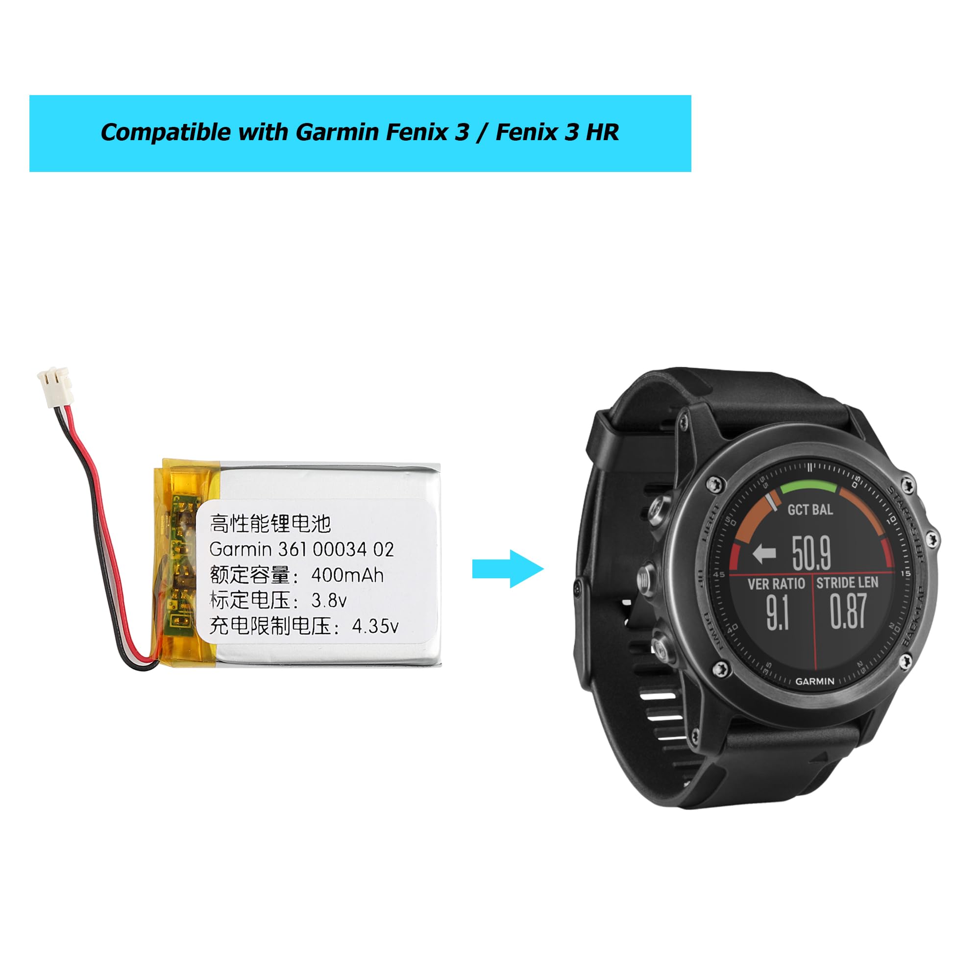 361-00034-02 Ersatz Akku Kompatibel Für Garmin Fenix 3 / Fenix 3 HR Smartwatch Watch with Toolkit