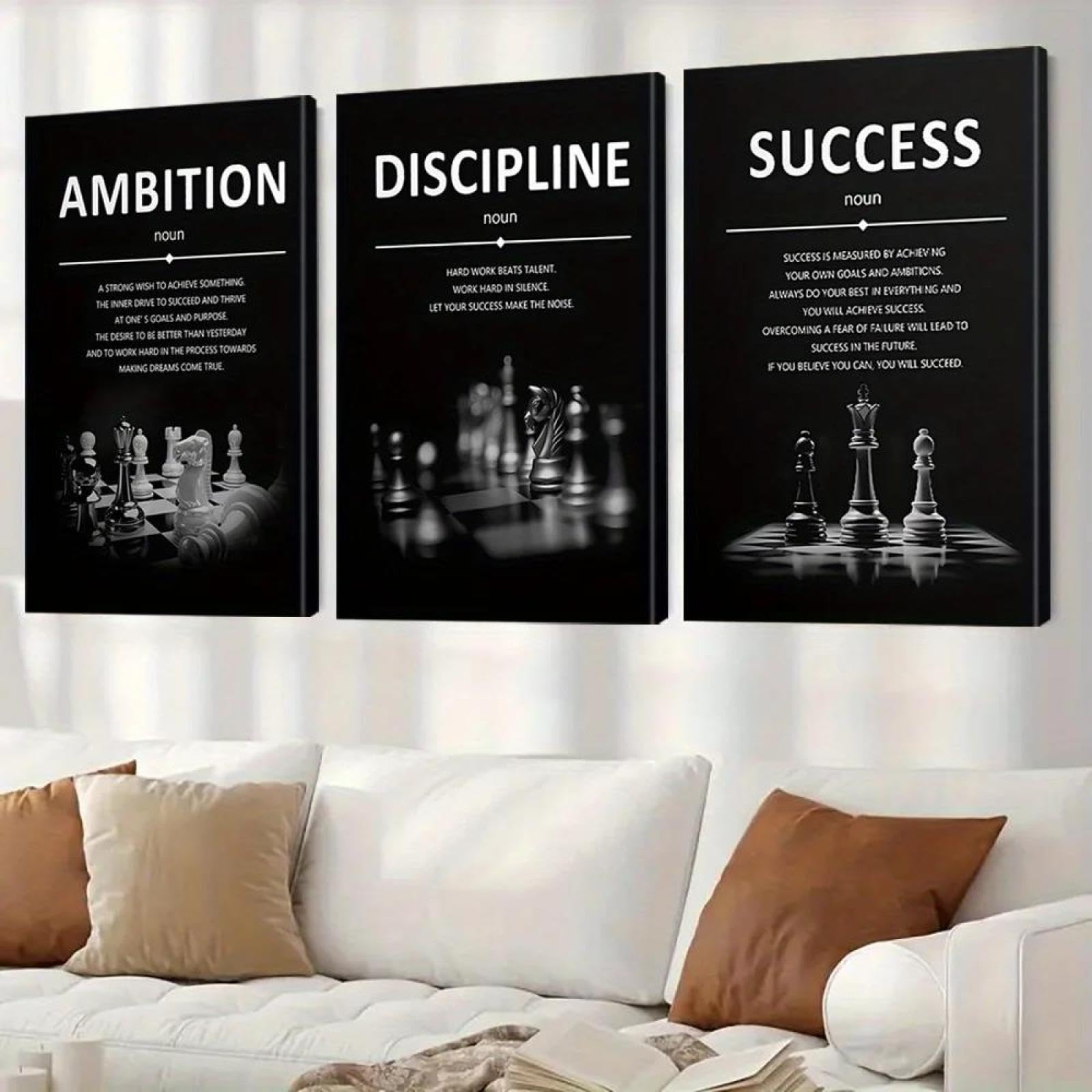 Baibexing Motivational Chess Ambition, Discipline, And Success Inspirational Quotes Poster Prints Canvas Painting Wall Art Picture For Living Room Home Decor 30X40Cmx3Pcs Unframed