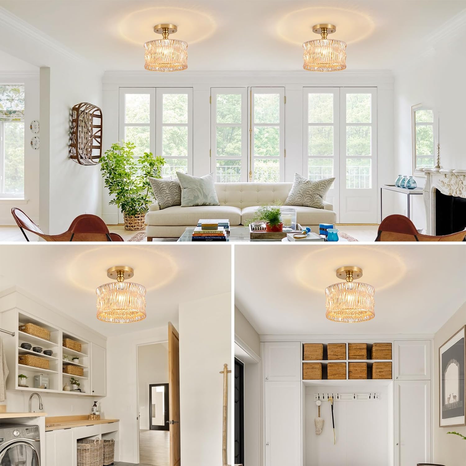 Semi Flush Mount Ceiling Light, Vintage Small Ceiling Light Fixture with Amber Glass Shade for Kitchen,Hallway, Living Room,Bedroom,Corridor, Bulb Not Included，10.62inch