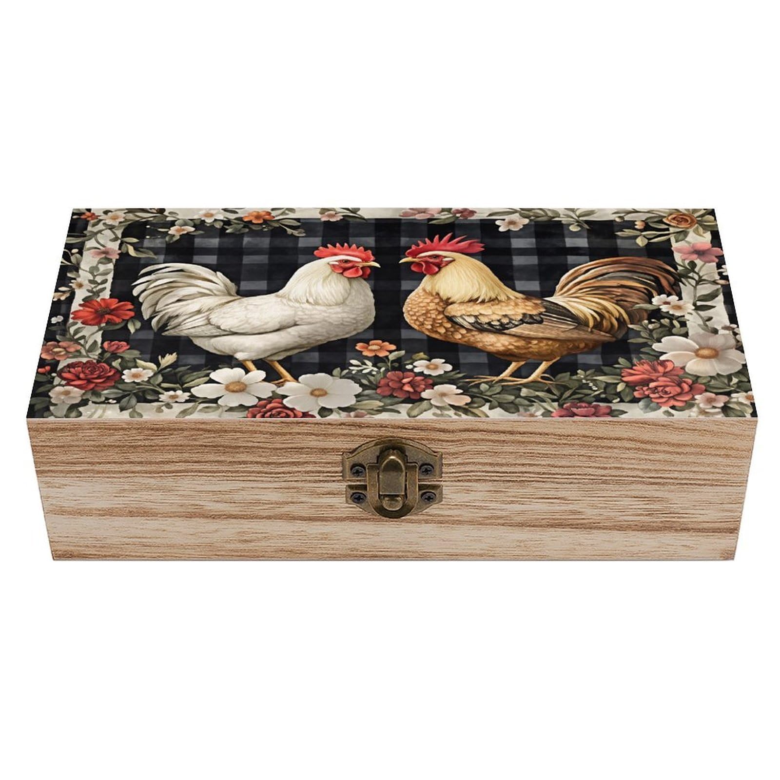 HLBSDM Chicken And Floral Vintage Wooden Keepsake Box with Hinged Lid And Locking Clasp, Decorative Storage Box for Jewelry, Trinkets And Small Accessories, Organizer for Home Or Wedding