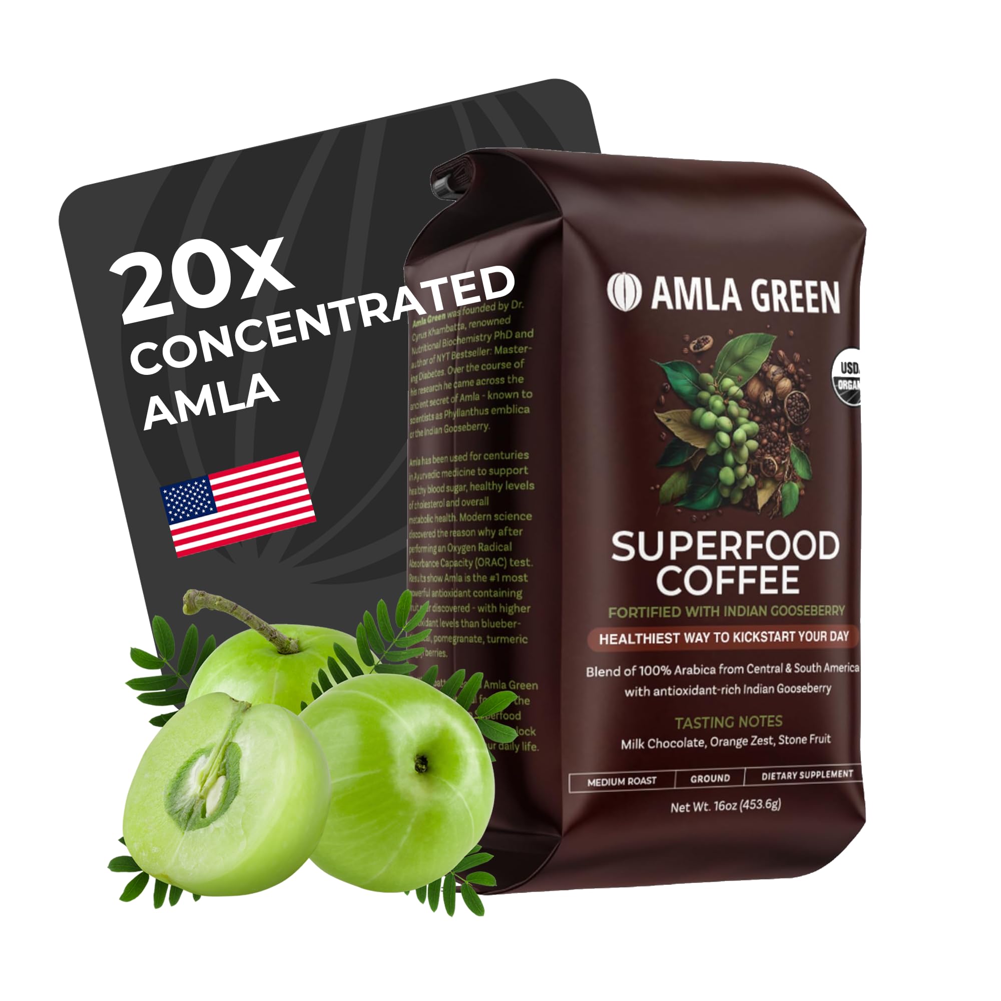 Amla Green Organic Ground Superfood Coffee, Medium Roast Gourmet Coffee with Antioxidant Rich Indian Gooseberry, 100% Arabica Special with Amla Benefits, 16 Oz