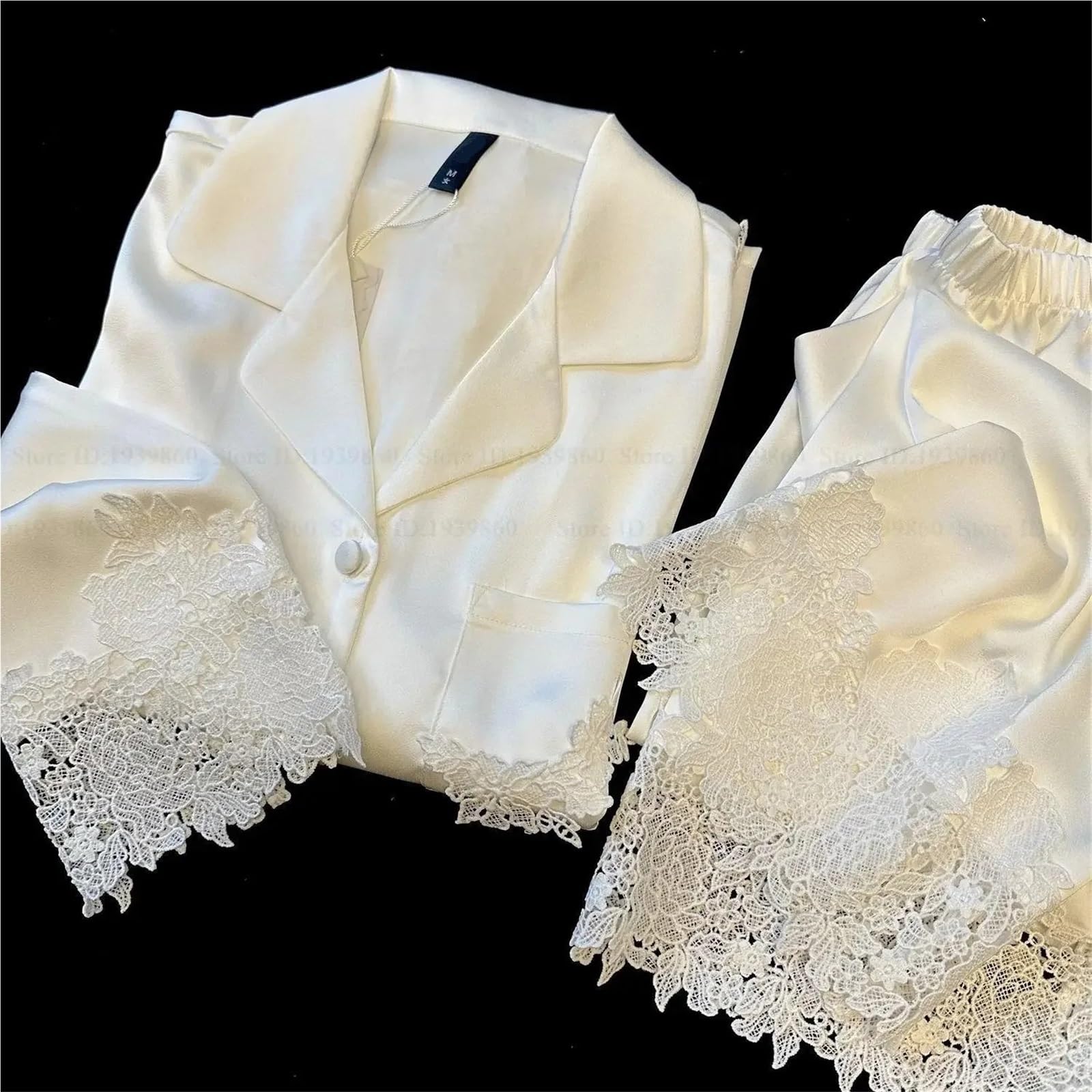 Conjunto de Pijamas for Mujer, Ropa de Dormir Blanca con Adornos de Encaje Satinado for Novia y Boda, Ropa de casa Holgada, Traje de pantalón de Manga Larga, Ropa de Descanso