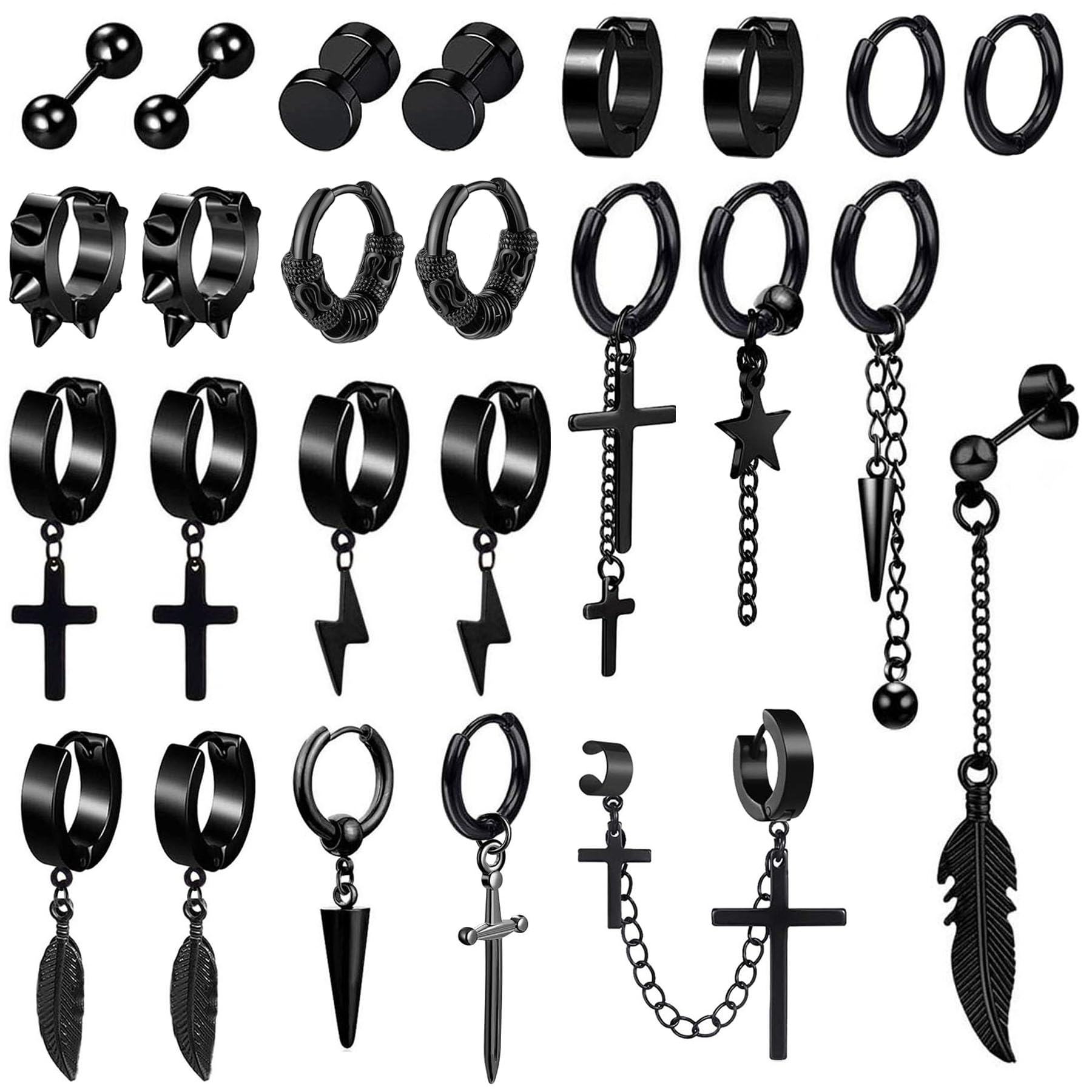 BVLAGIDA 25 Piezas Pendientes Hombre Negro Acero Inoxidable Pendientes Colgantes Pendientes Cruz Plumas Punk Kpop Pendientes para Hombre Mujer