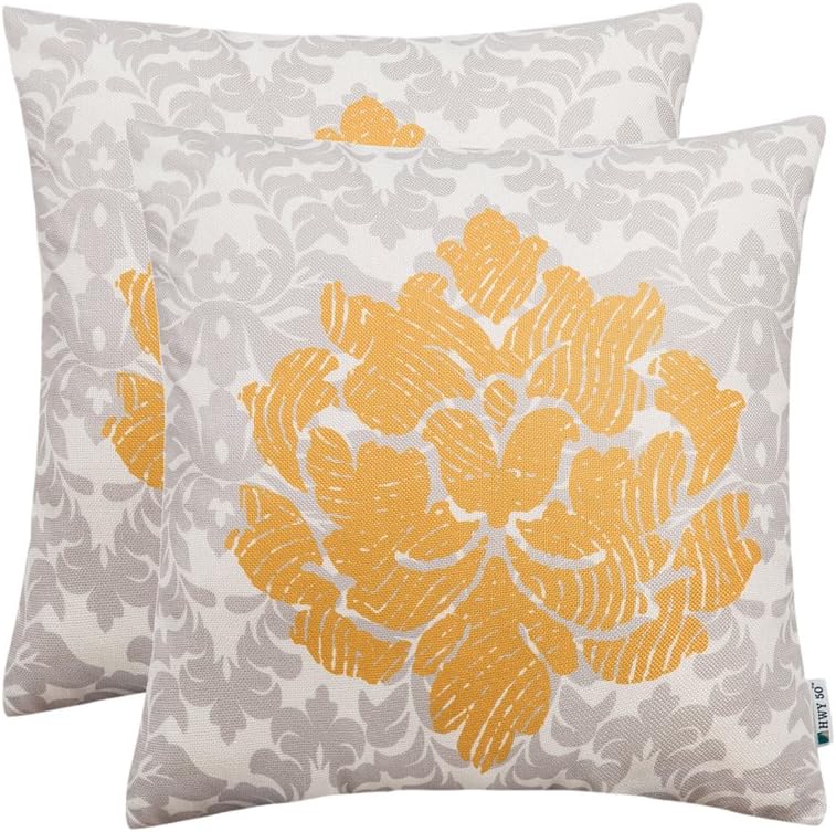 Yellow Couch Throw Pillows Covers 18 x 18 inch, Pack of 2 Thicken Cotton Linen Printing Home Decorative Throw Pillows Cases for Sofa/Bed, Art Bstract Pattern Fingerprint Flower Cushion Covers